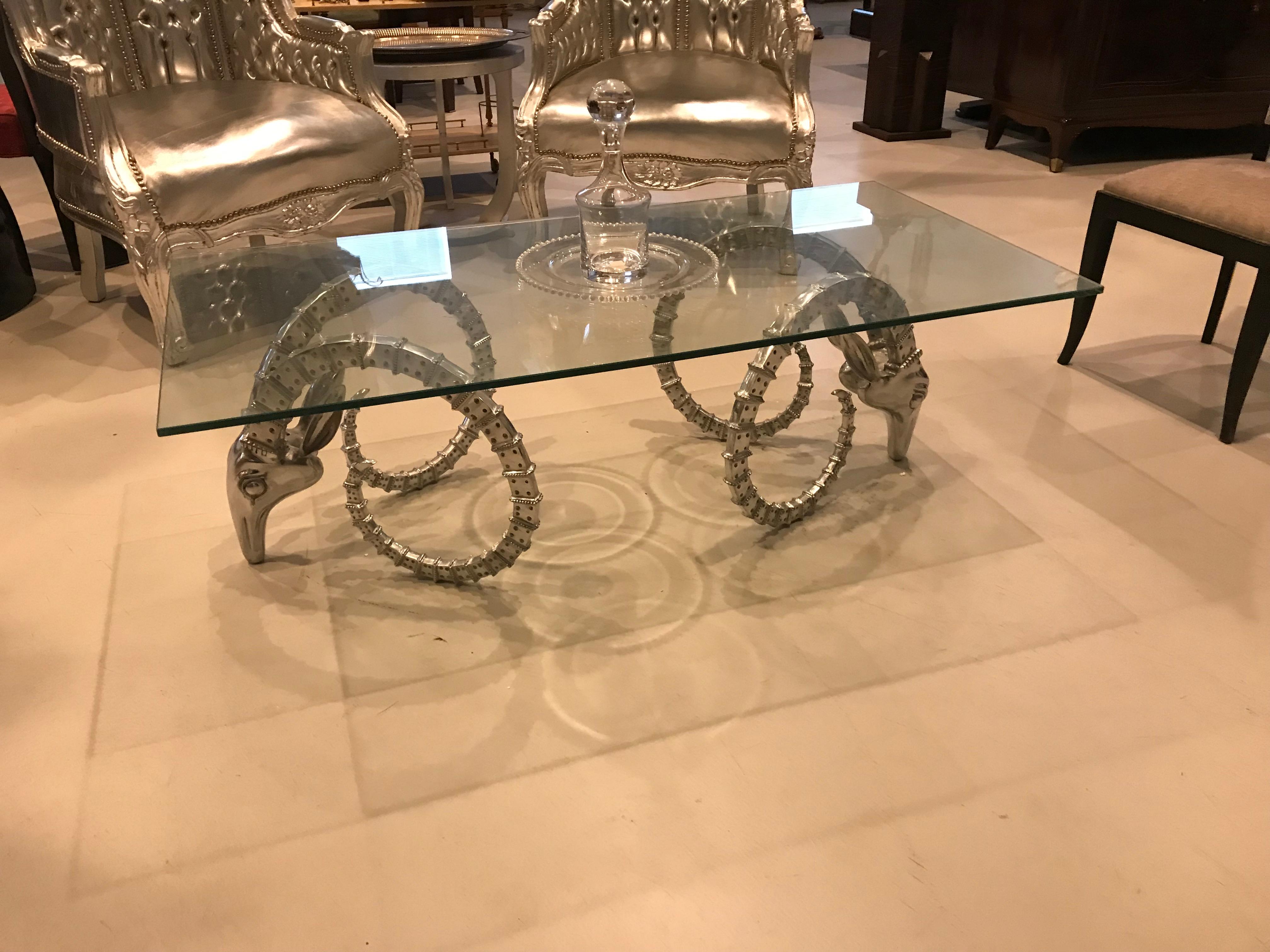 Glass Mid Century Modern Coffee Table With Faux Ram Heads  For Sale