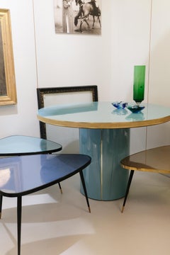 Coffee Table High Gloss Laminated Top Brass Tape Framed Black Pedestal Base L