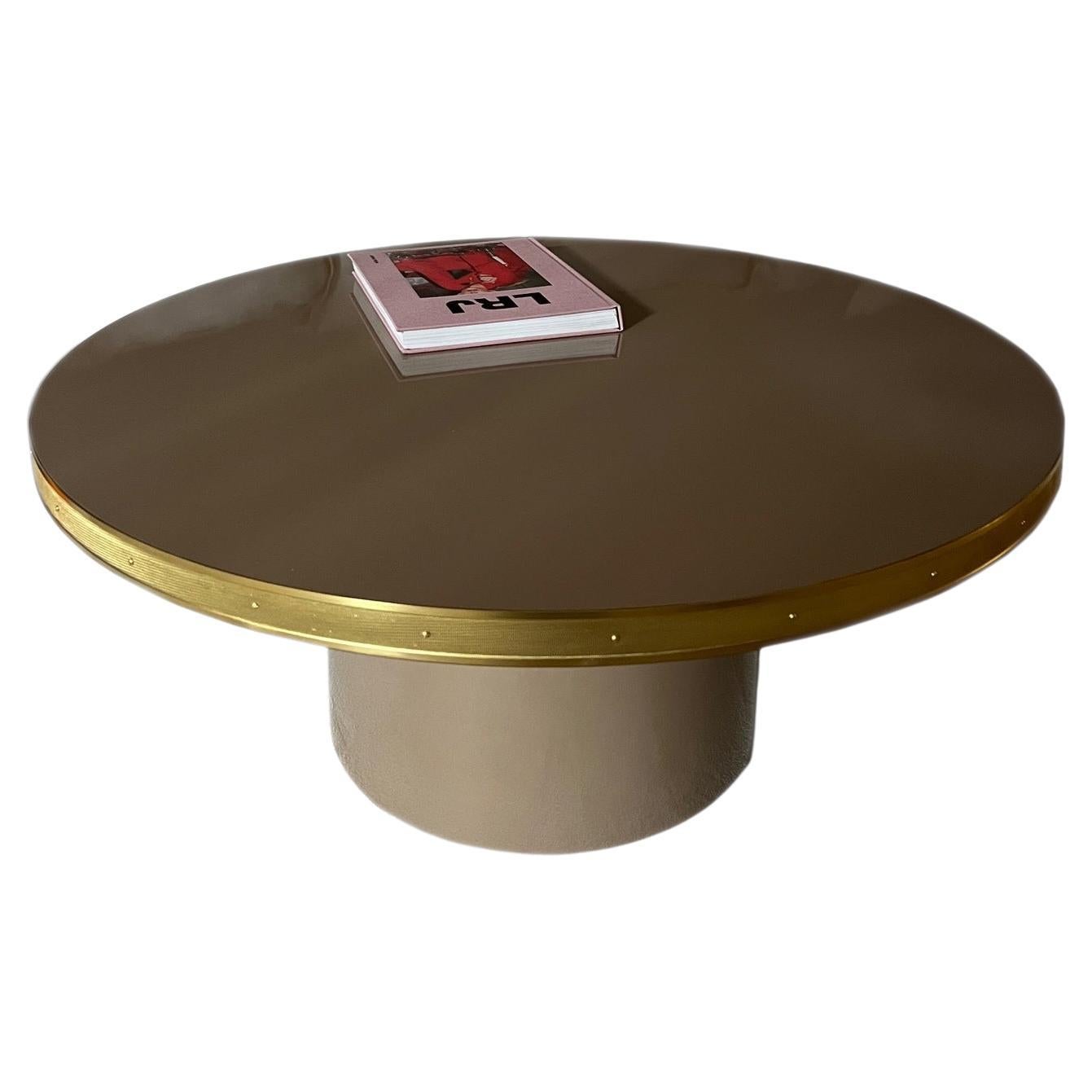 Coffee Table High Gloss Laminated Top Brass Tape Framed Black Pedestal Base M For Sale