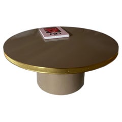 Coffee Table High Gloss Laminated Top Brass Tape Framed Black Pedestal Base M