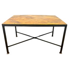 Antique Coffee table in 17th century Versailles parquet and black wrought iron - France