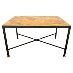 Antique Coffee table in 17th century Versailles parquet and black wrought iron - France