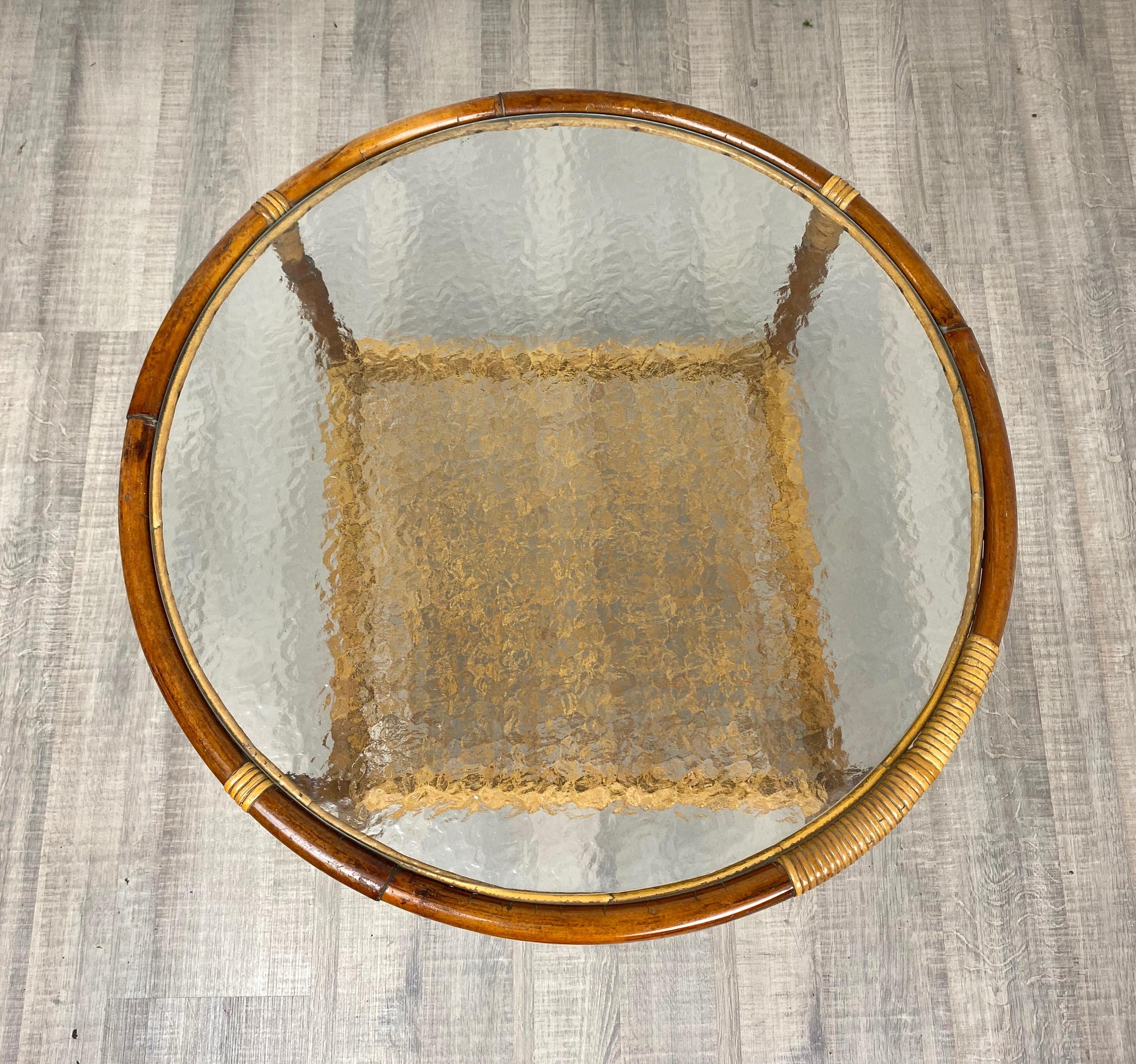 Italian Coffee Table in Bamboo Rattan and Frosted Glass, Italy, 1960s For Sale