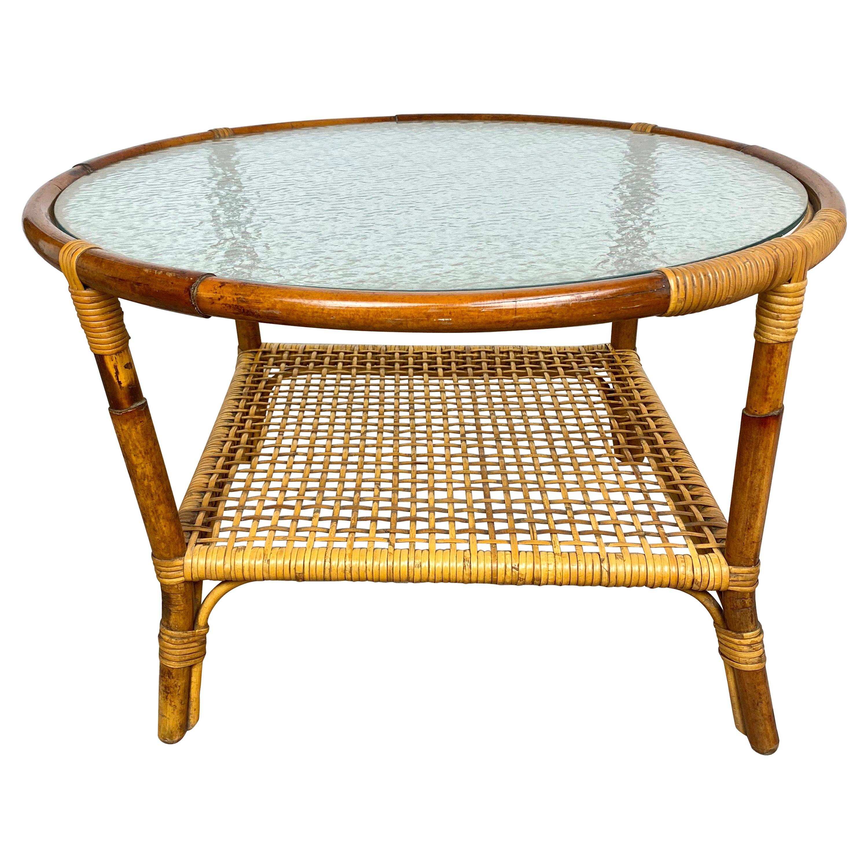 Coffee Table in Bamboo Rattan and Frosted Glass, Italy, 1960s