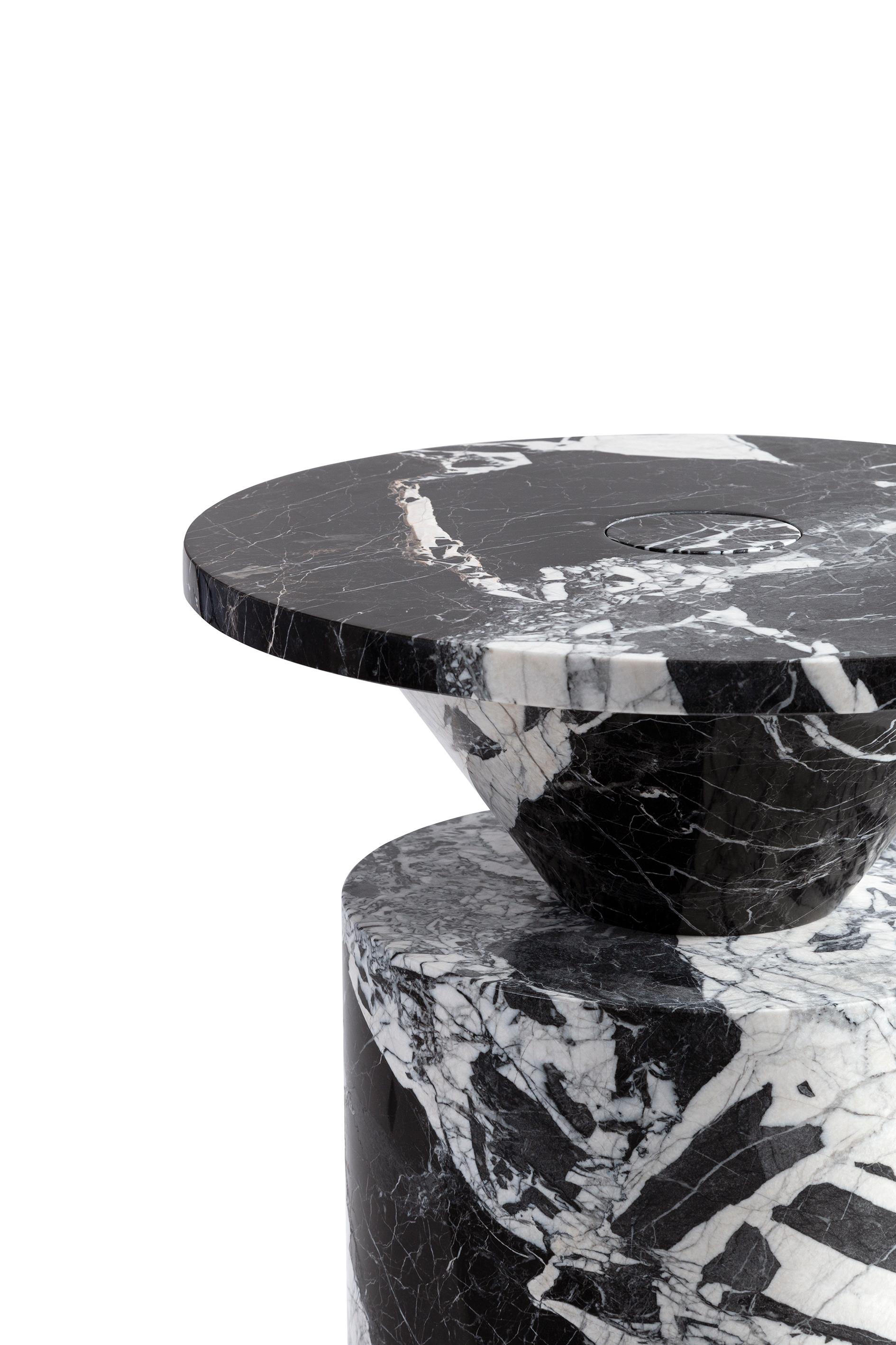 Contemporary New modern side Table in Black Antique Marble, creator Karen Chekerdjian For Sale