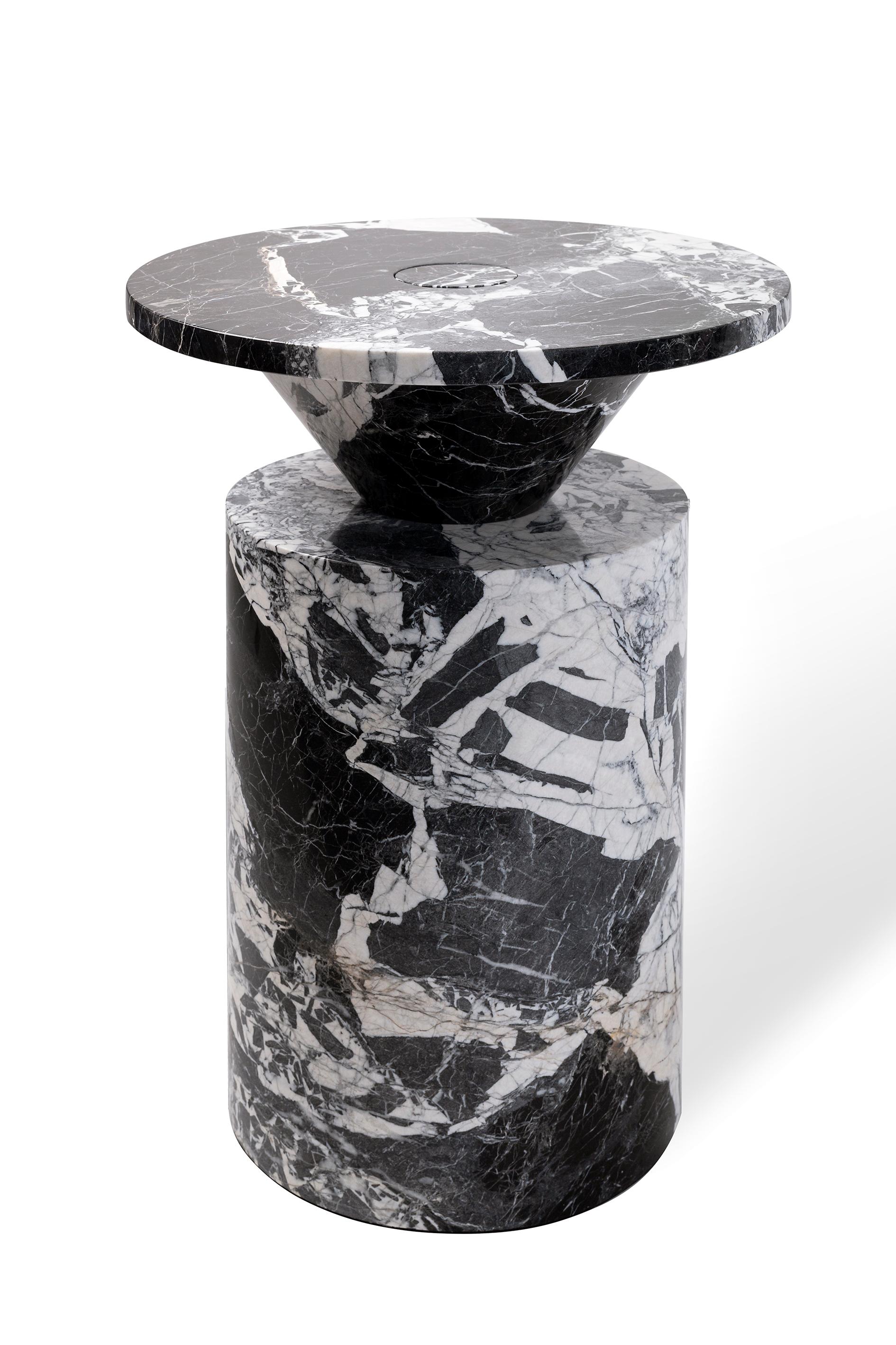 New modern side Table in Black Antique Marble, creator Karen Chekerdjian For Sale