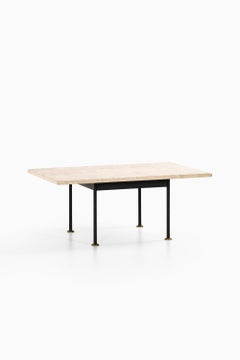 Coffee Table in Black Lacquered Metal, Brass and Travertine, 1960's