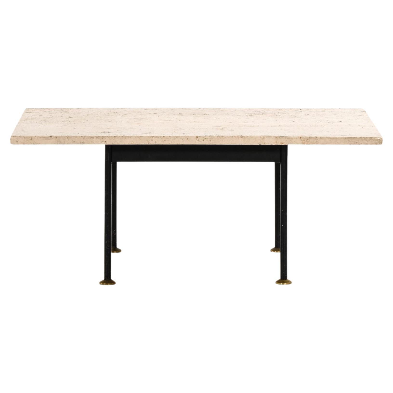 Coffee Table in Black Lacquered Metal, Brass and Travertine, 1960's