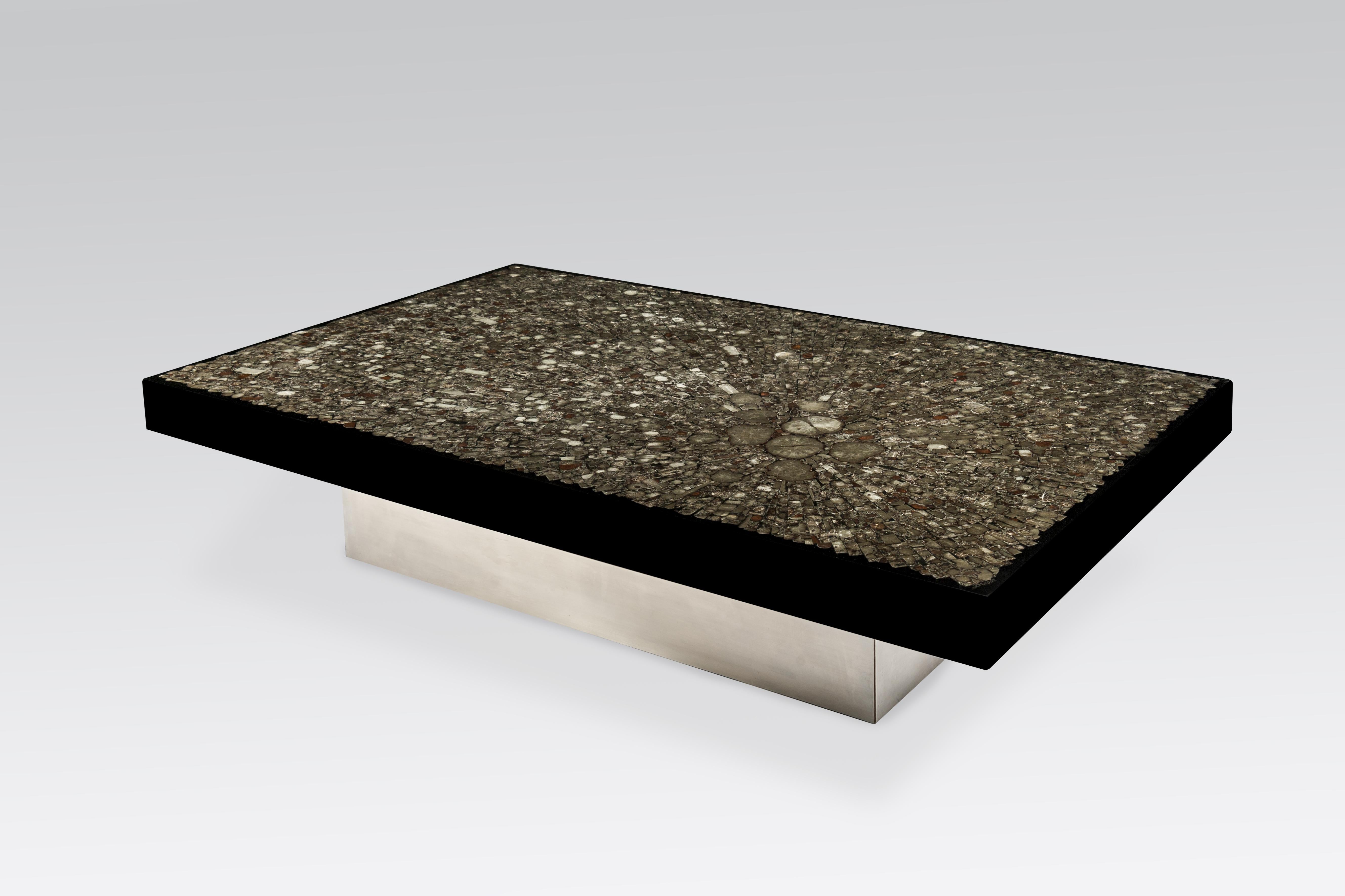 Jean Claude Dresse, coffee table, marcasite and steel, Belgium, 1970. 

This unique coffee table by Dresse was owned by a Belgian private collection from Brussels. This example is custom-made and of a spectacular size (measuring 150cm) which is
