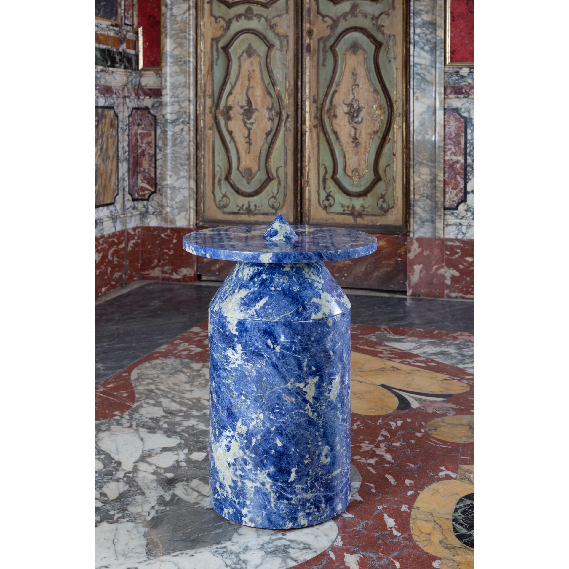 Contemporary New Modern Side Table in Blu Sodalite Marble, Creator Karen Chekerdjian For Sale