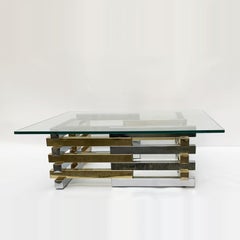 Pierre Cardin Brass and Chrome French Coffee Table with Crystal Glass Top, 1970s