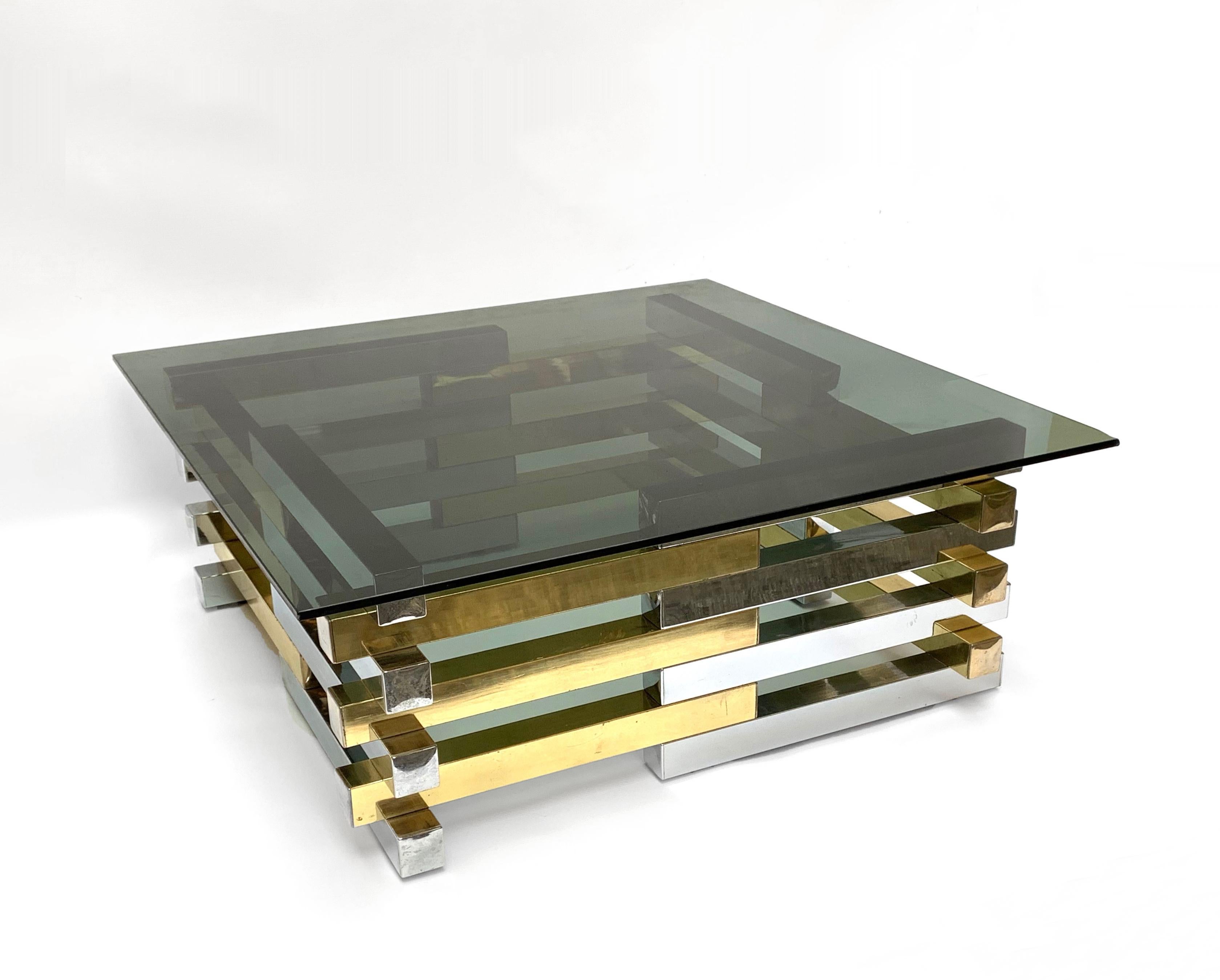 Pierre Cardin Midcentury Brass and Chrome French Coffee Table, 1970s In Fair Condition In Roma, IT