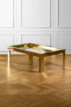 Coffee table in brass and chromed metal with glass top, Italy 1970