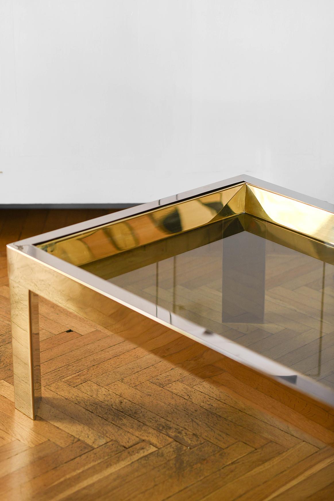 Italian Coffee table in brass and chromed metal with glass top, Italy 1970 For Sale