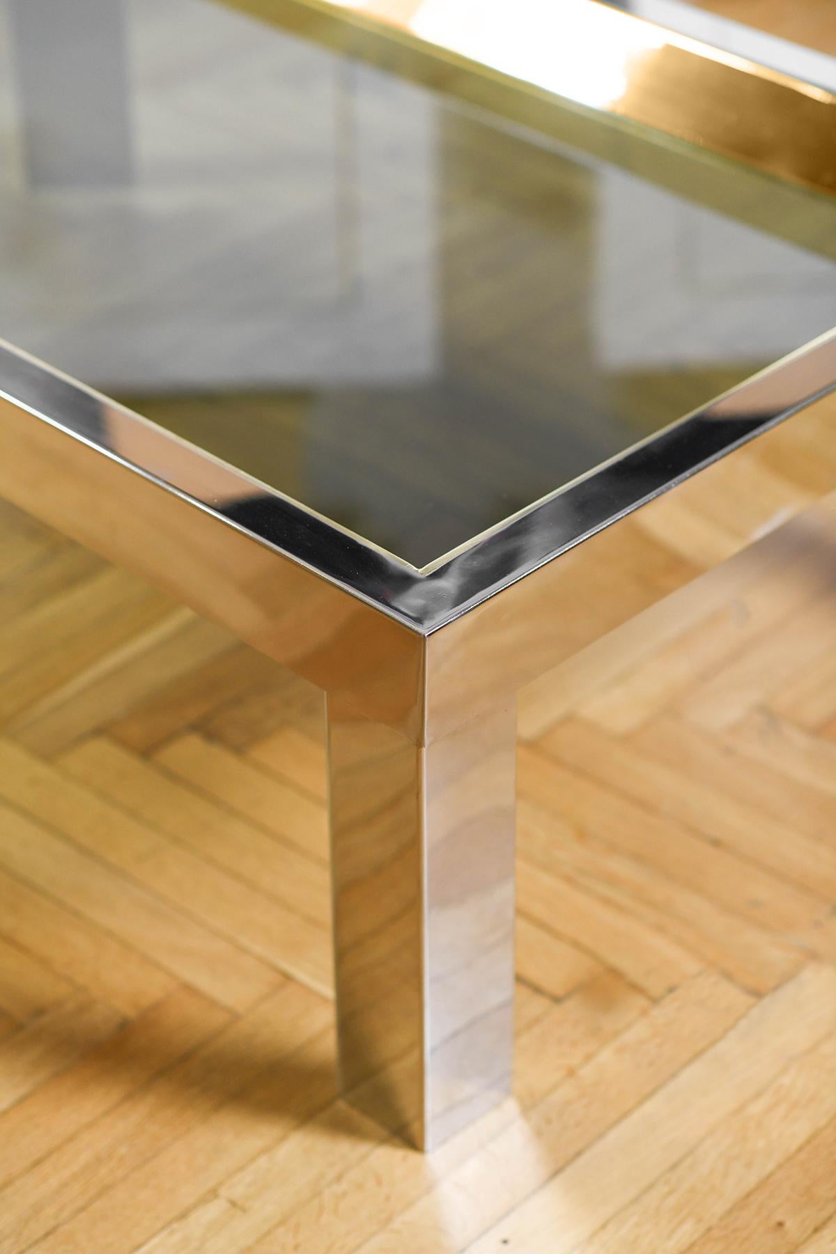 Late 20th Century Coffee table in brass and chromed metal with glass top, Italy 1970 For Sale