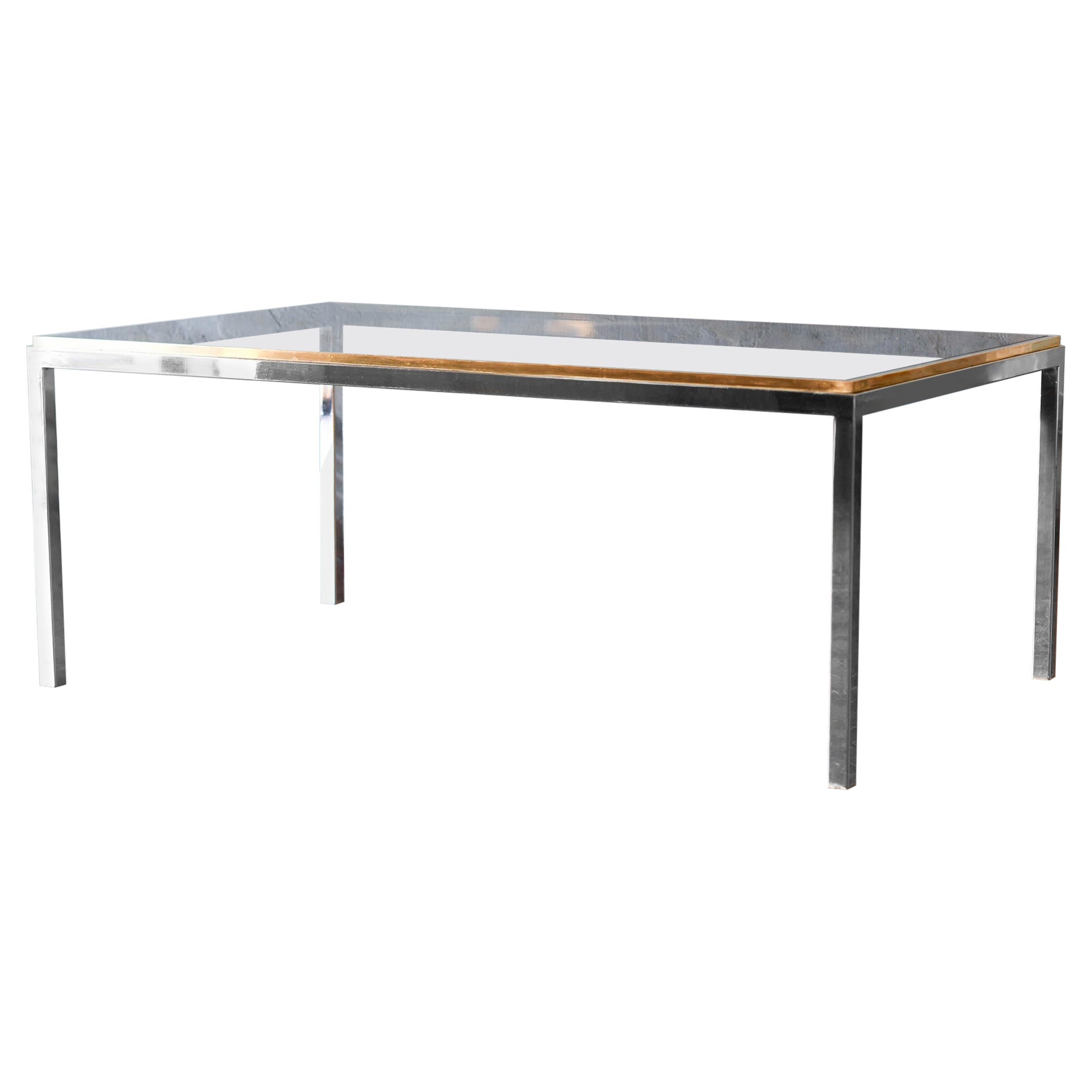 Coffee table in brass and chromed metal with smoked glass shelves, Italy 1980