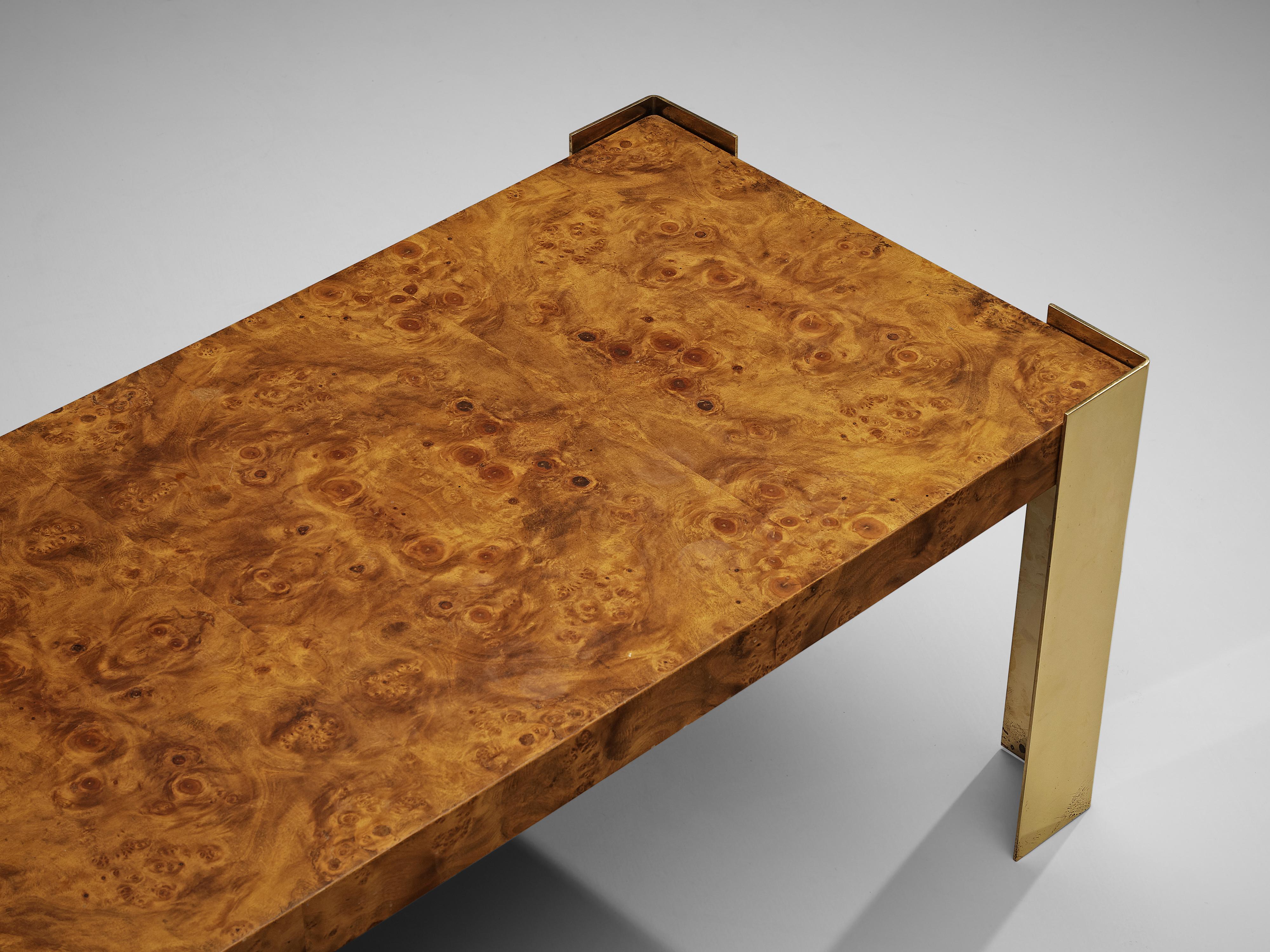 Post-Modern Coffee Table in Brass and Walnut Burl  For Sale