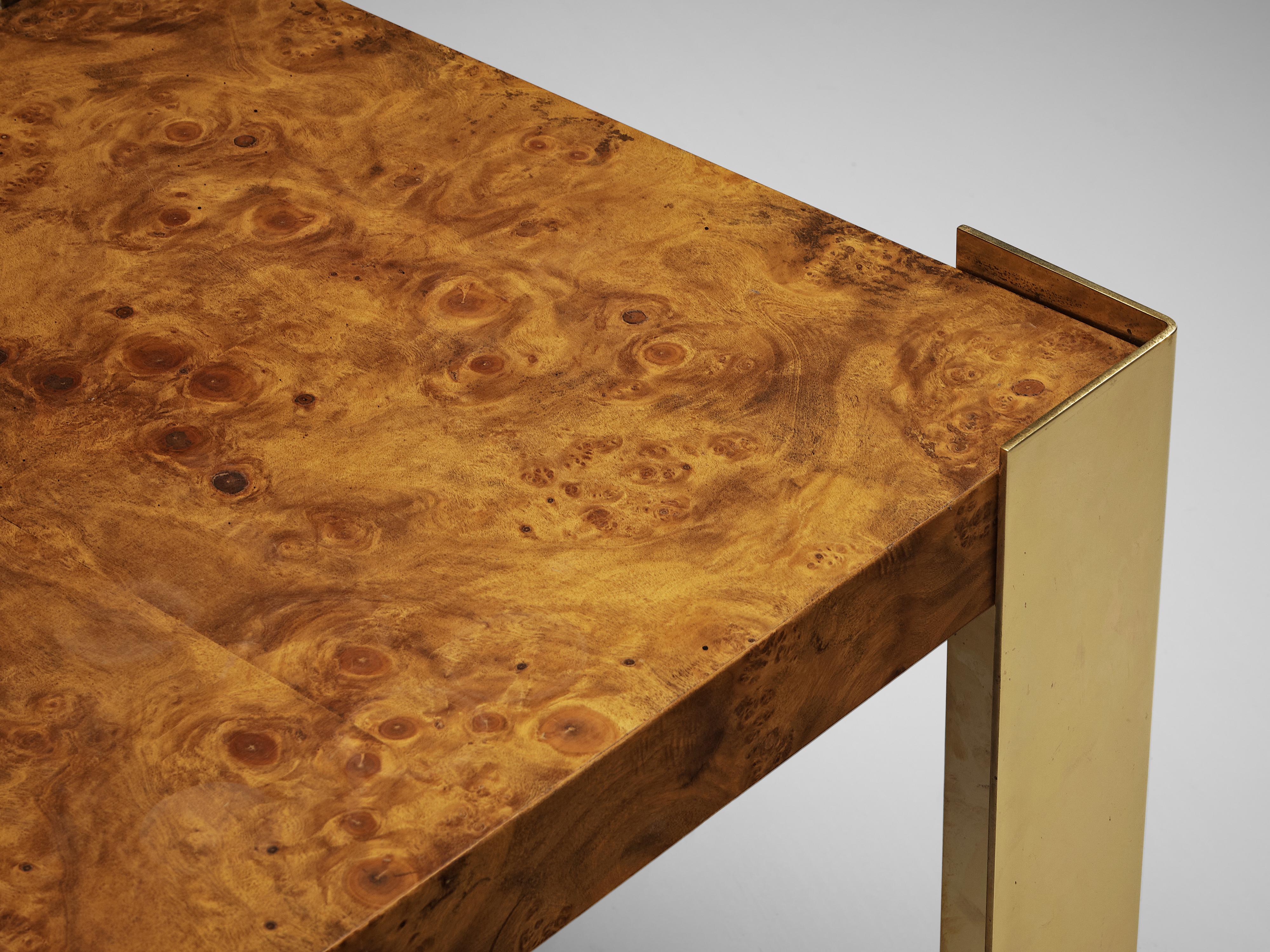 Belgian Coffee Table in Brass and Walnut Burl  For Sale