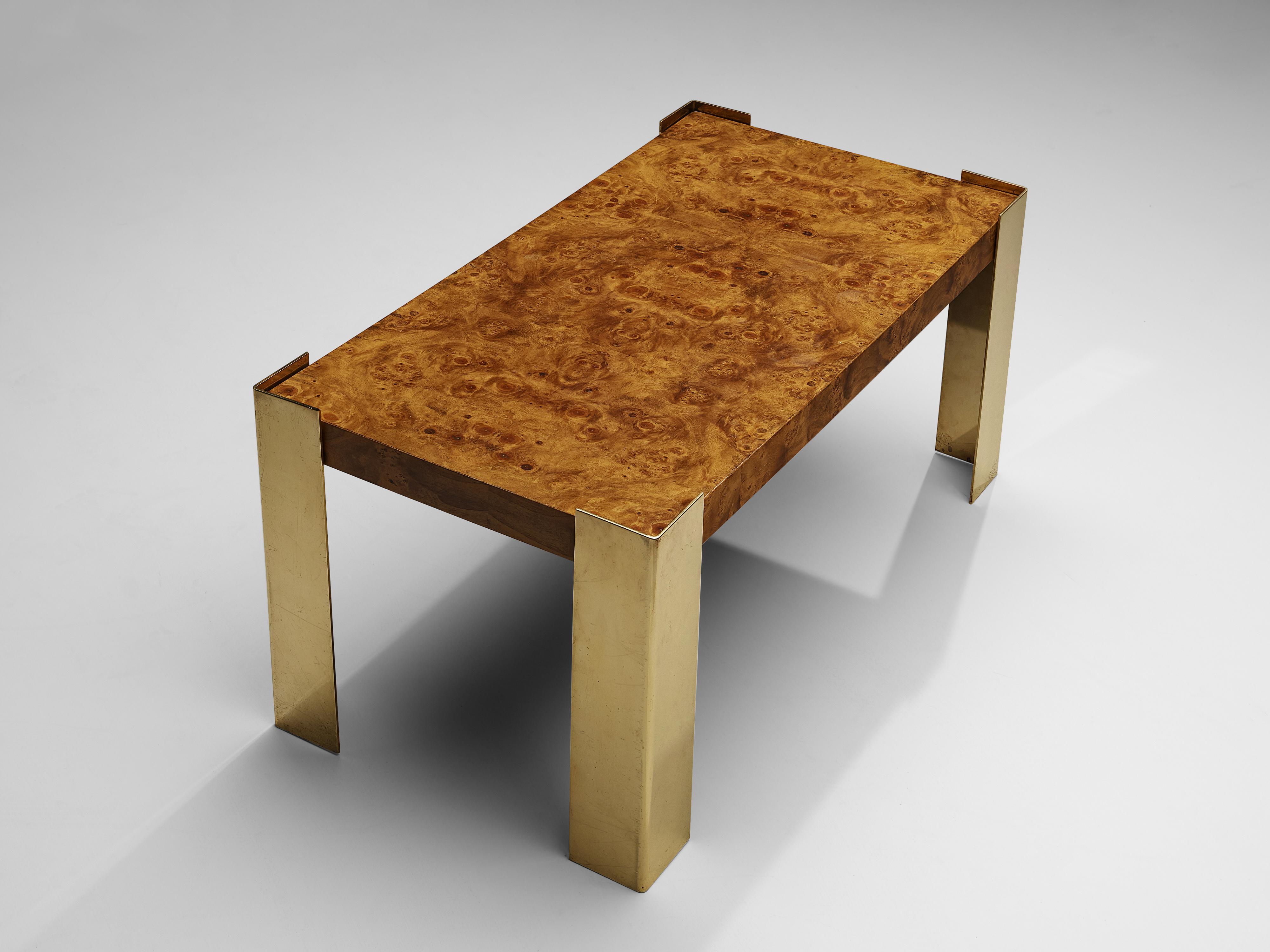 Post-Modern Coffee Table in Brass and Walnut Burl