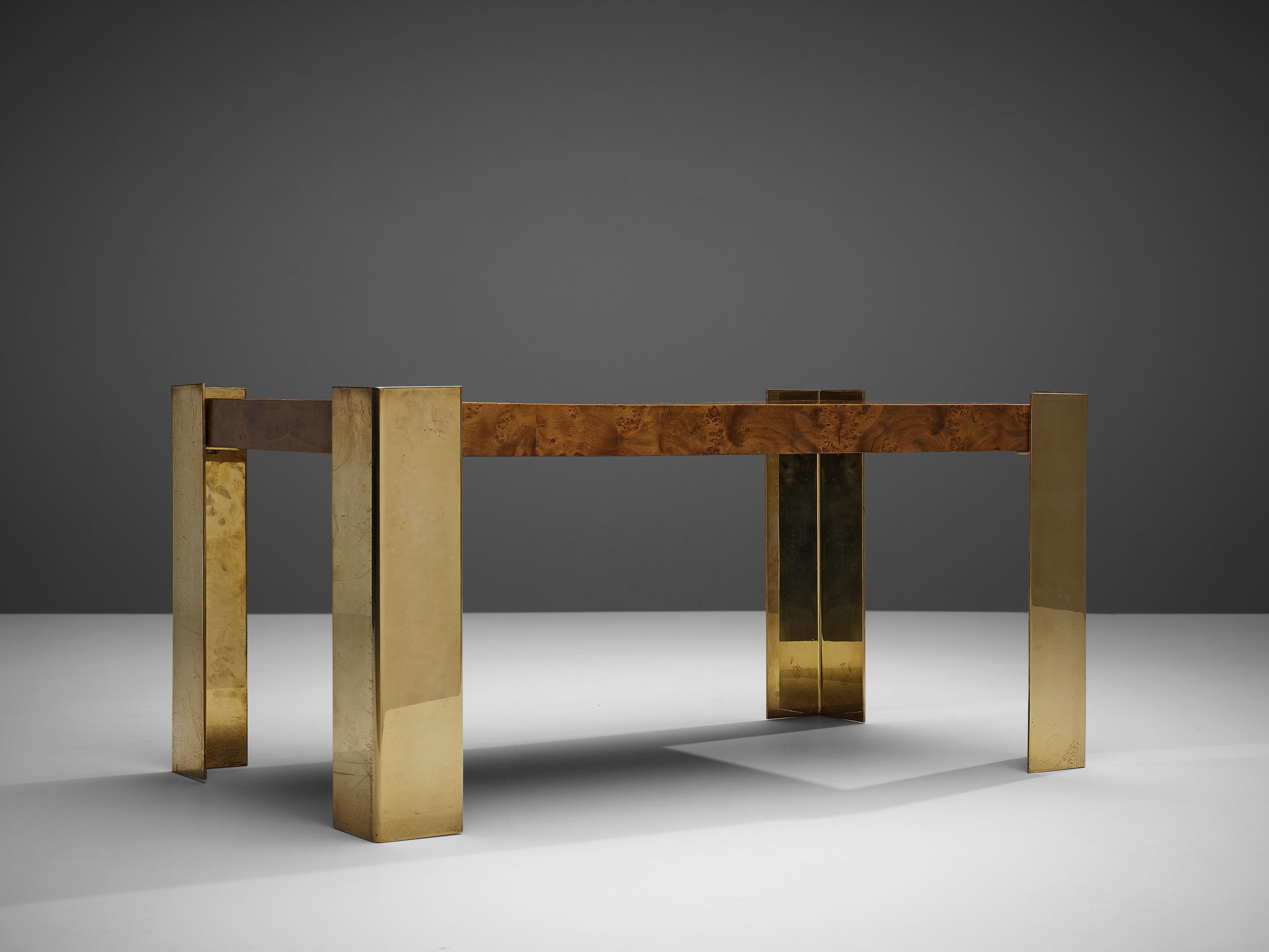 Late 20th Century Coffee Table in Brass and Walnut Burl  For Sale