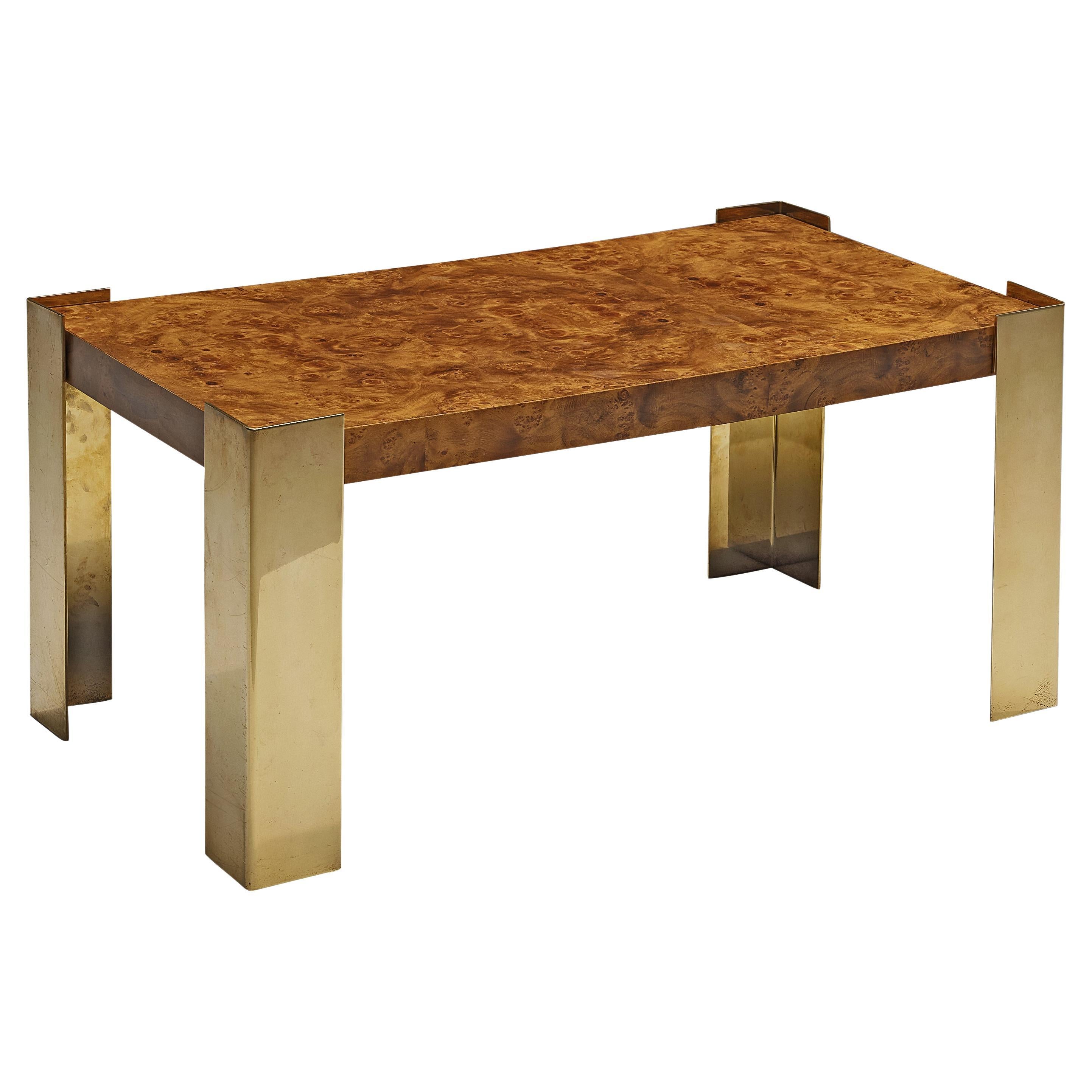 Coffee Table in Brass and Walnut Burl  For Sale