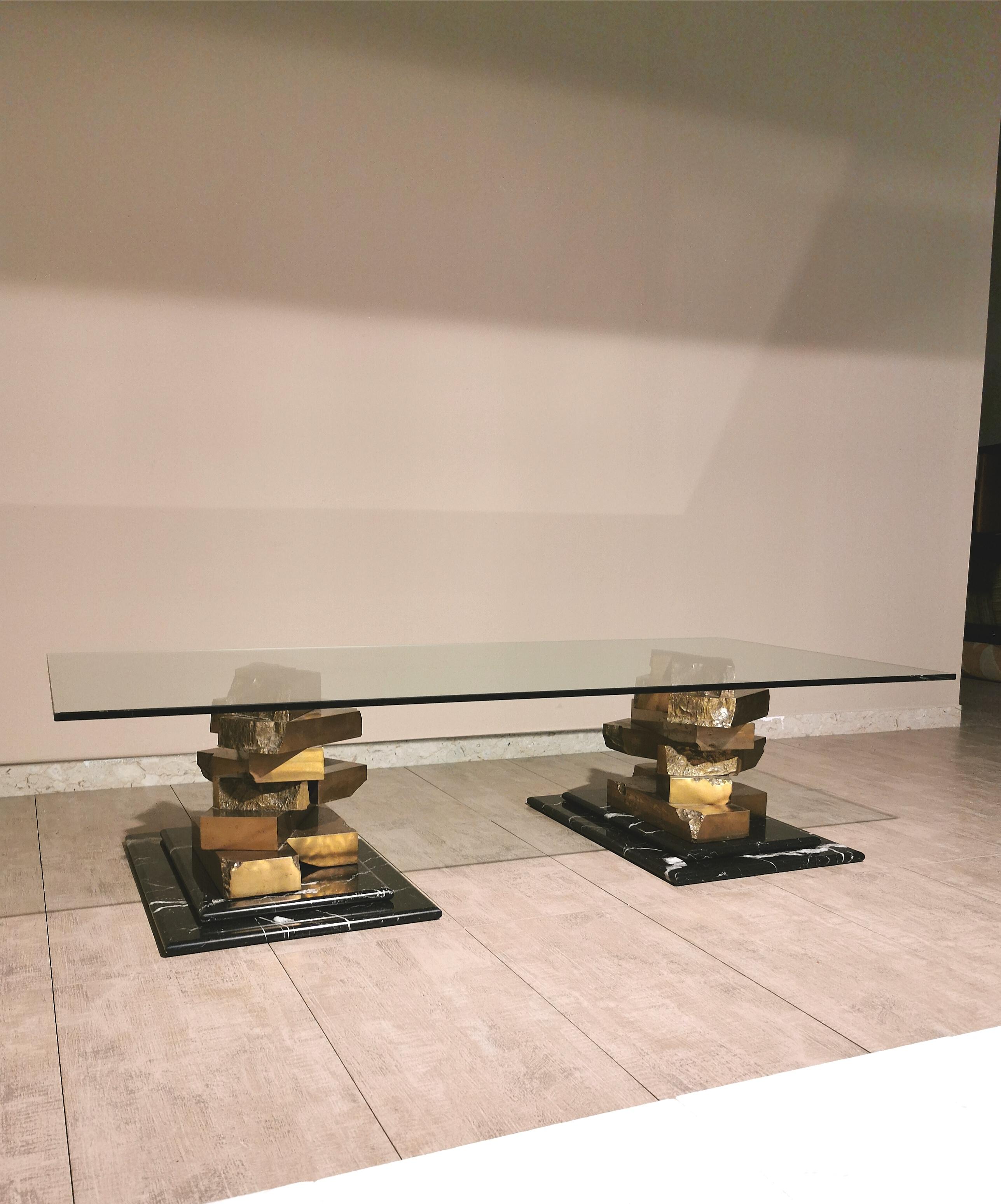 Coffee Table in Brass, Marquinia Marble and Glass Midcentury, 1970s-1980s 4