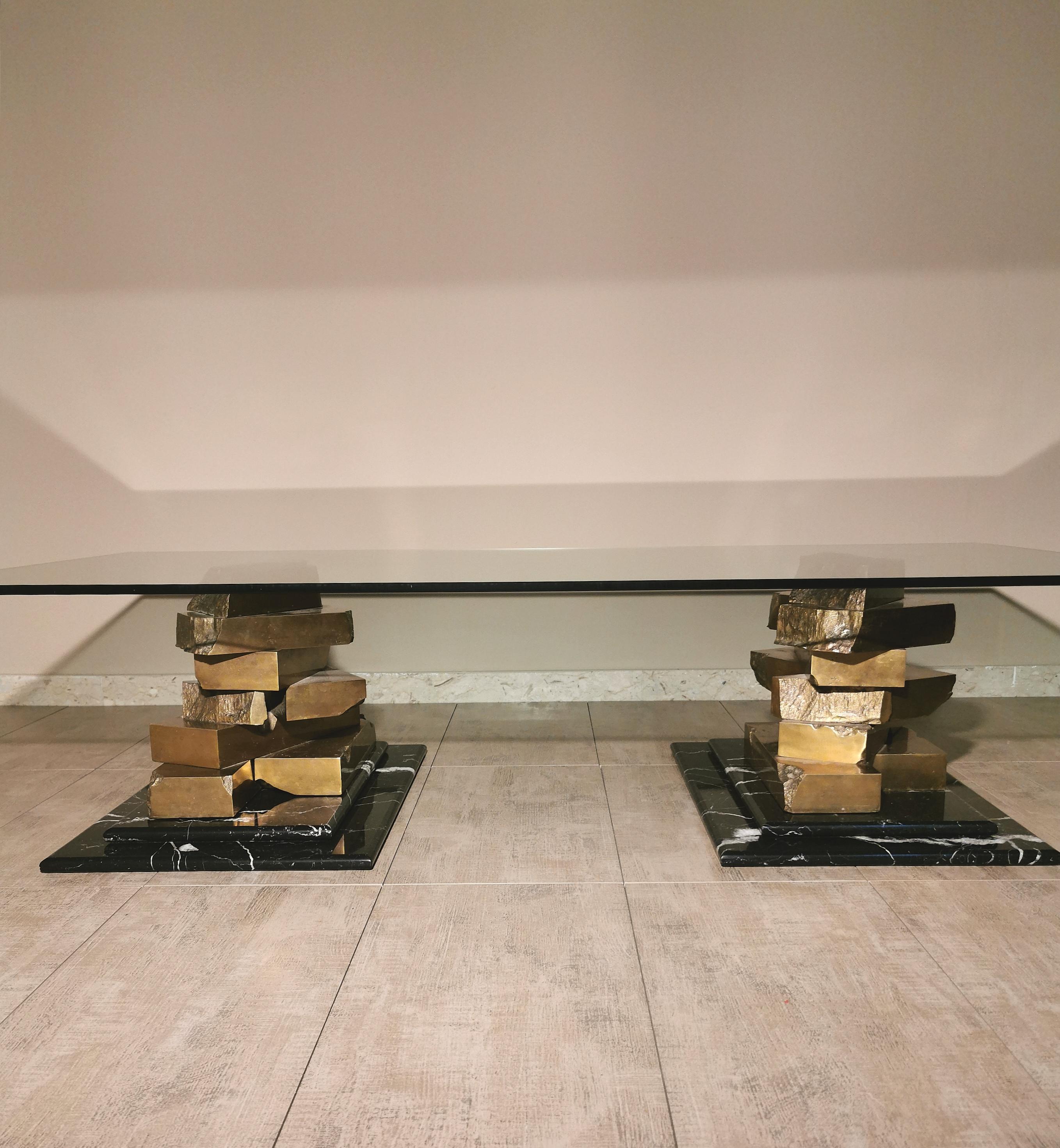Coffee Table in Brass, Marquinia Marble and Glass Midcentury, 1970s-1980s 5