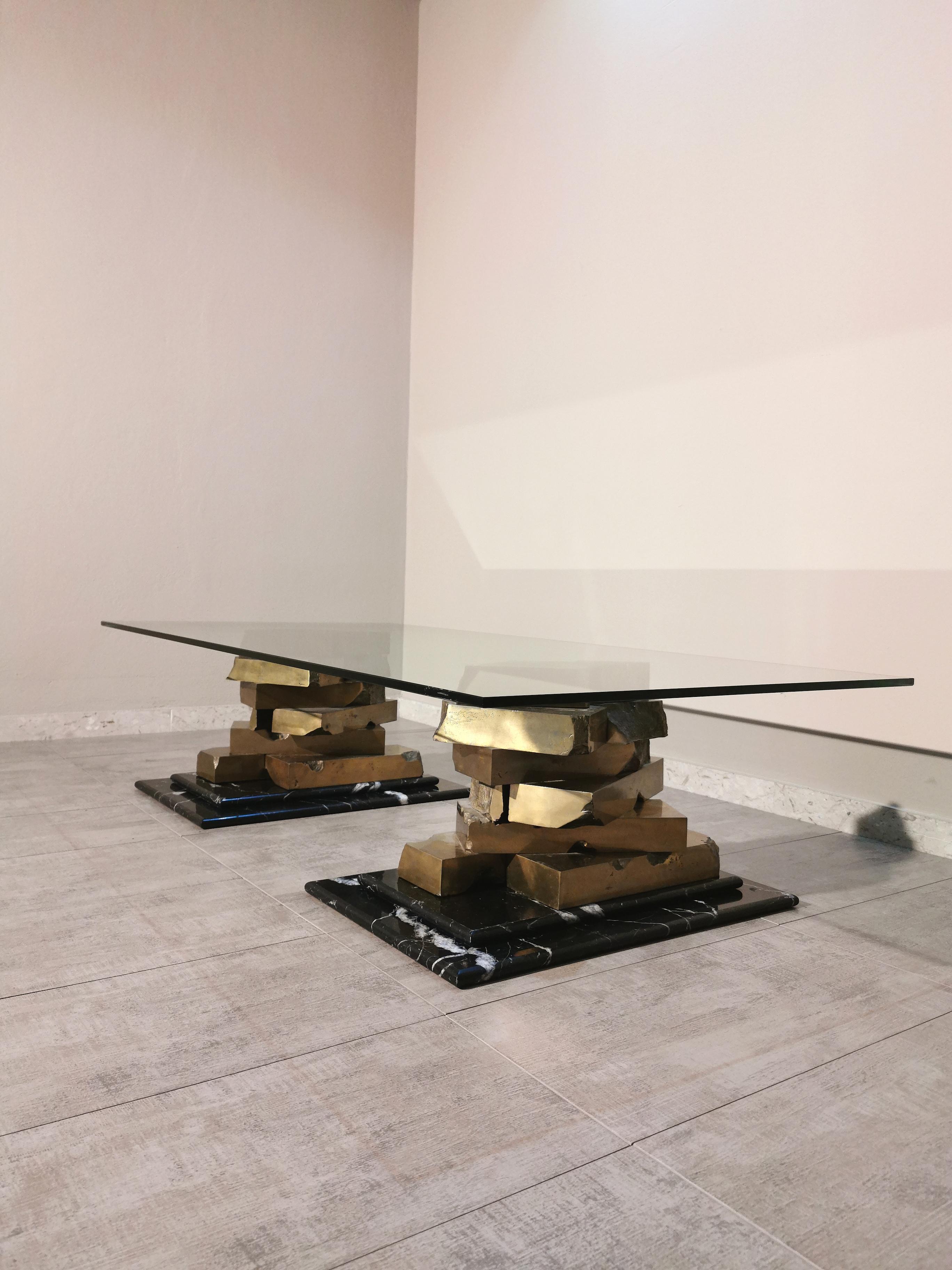 Coffee Table in Brass, Marquinia Marble and Glass Midcentury, 1970s-1980s 12