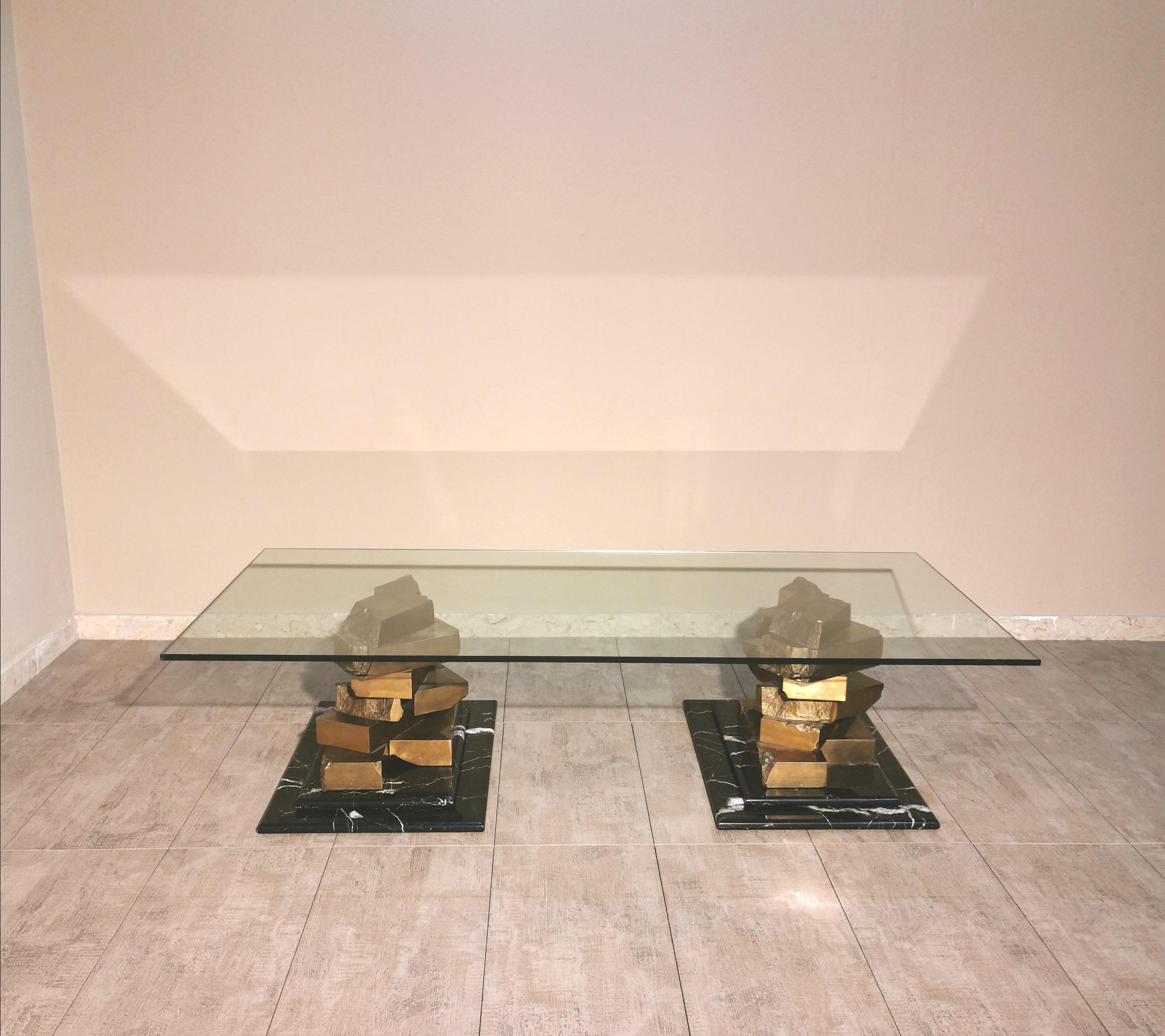 Coffee Table in Brass, Marquinia Marble and Glass Midcentury, 1970s-1980s 13