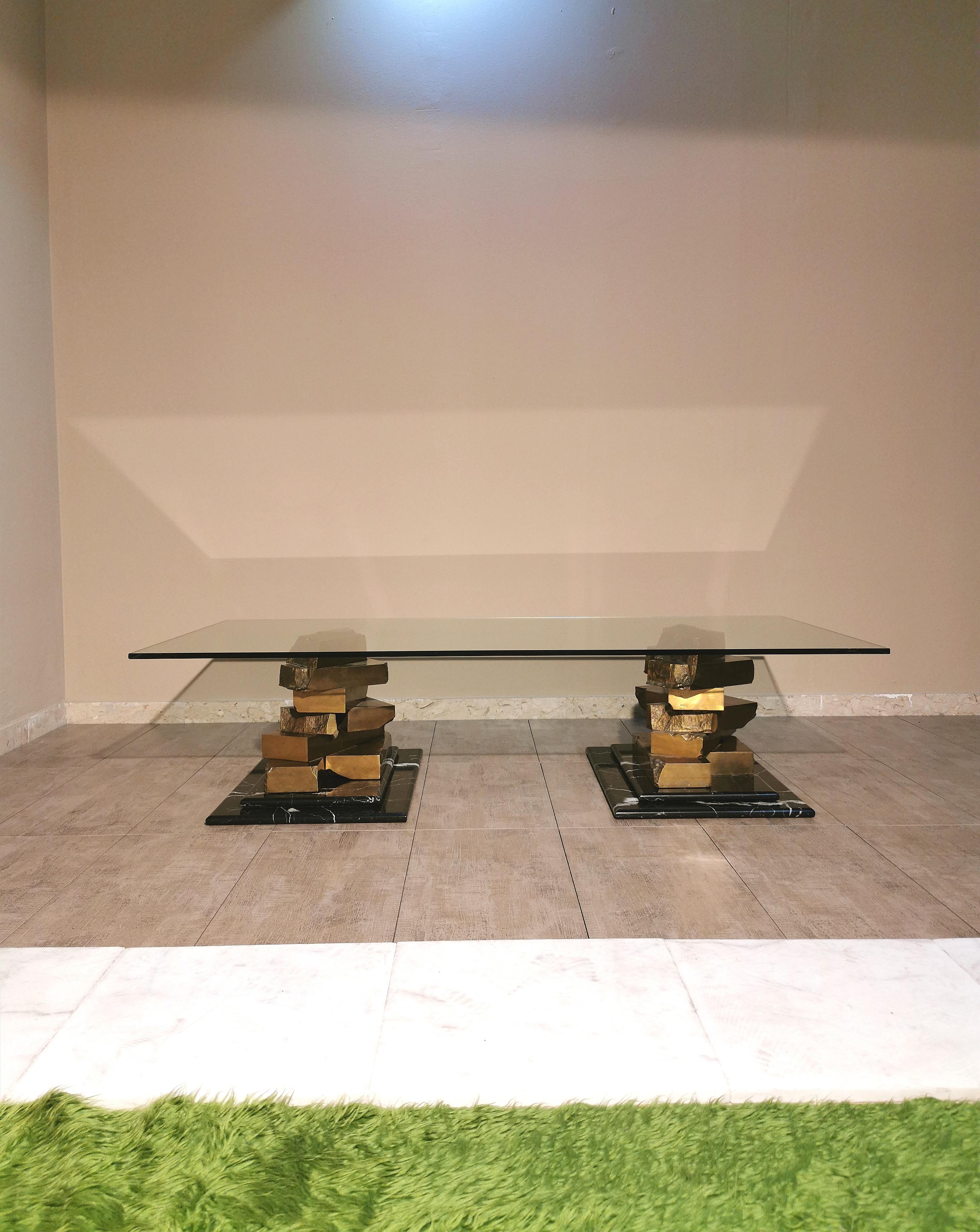 Coffee Table in Brass, Marquinia Marble and Glass Midcentury, 1970s-1980s 14