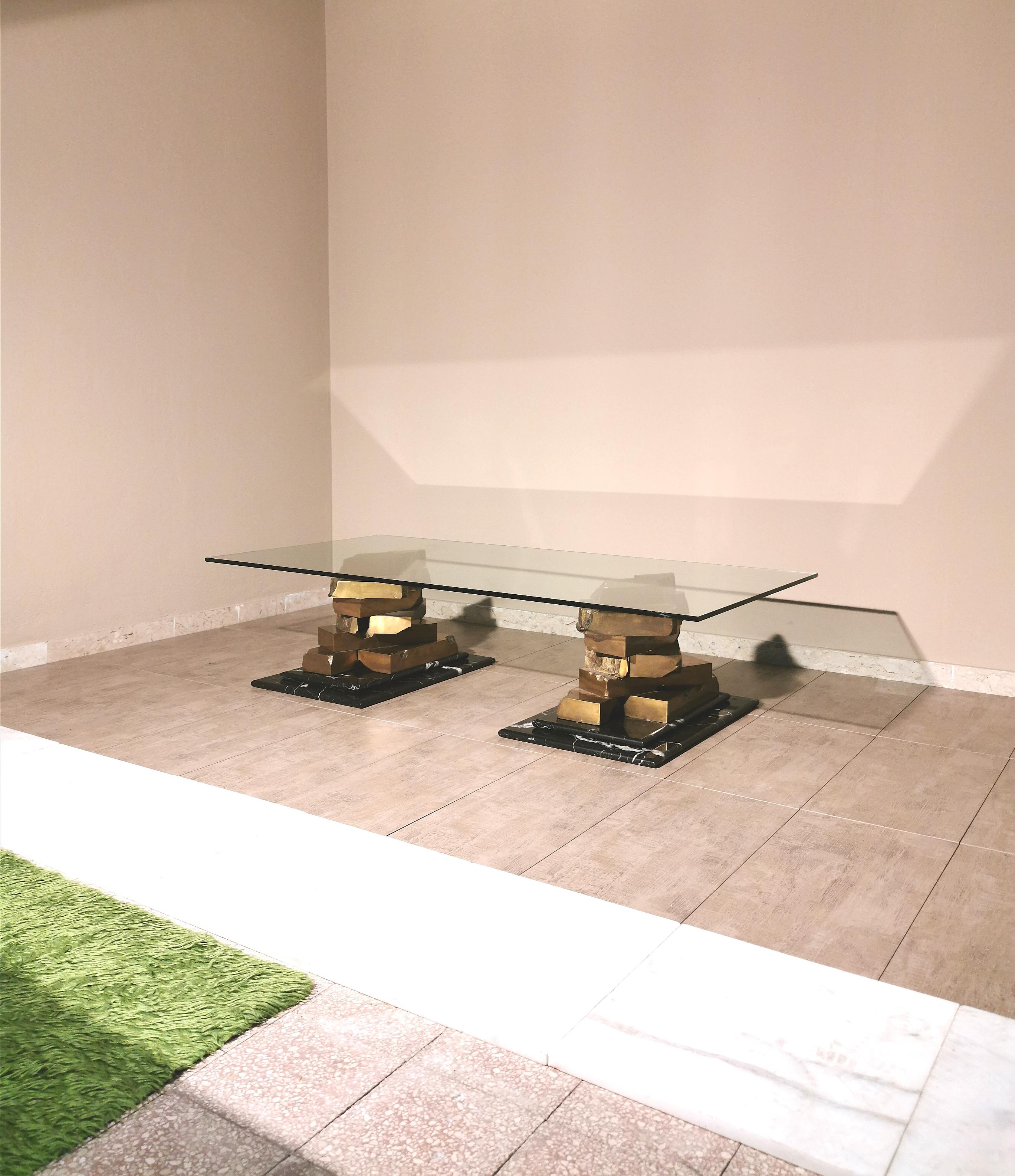 Coffee Table in Brass, Marquinia Marble and Glass Midcentury, 1970s-1980s 2