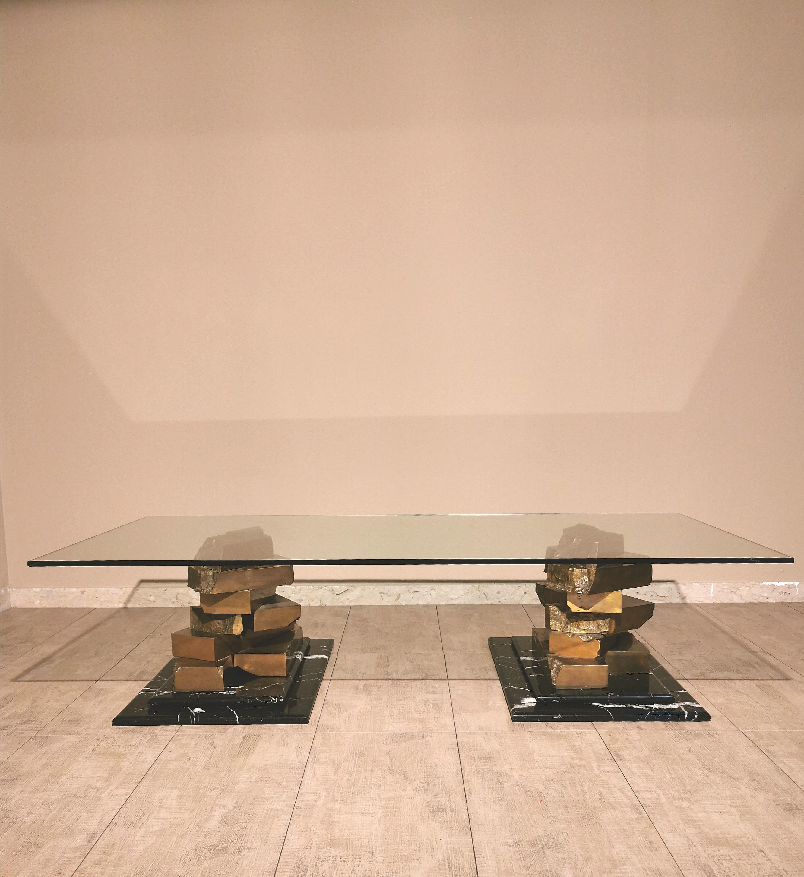 Coffee Table in Brass, Marquinia Marble and Glass Midcentury, 1970s-1980s 3