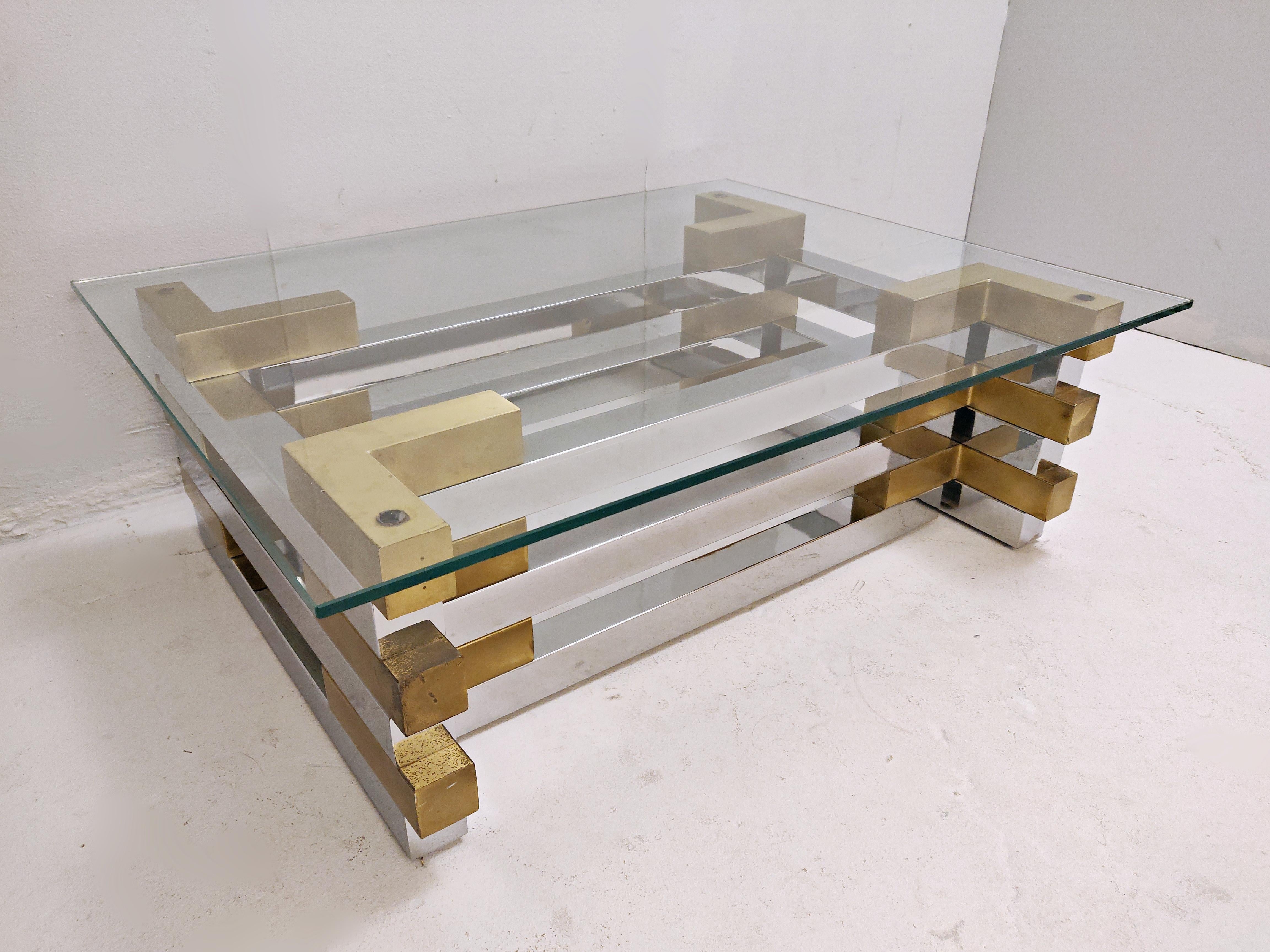 Mid-Century Modern Coffee Table in Brass, chrome and Glass In Good Condition For Sale In Brussels, BE