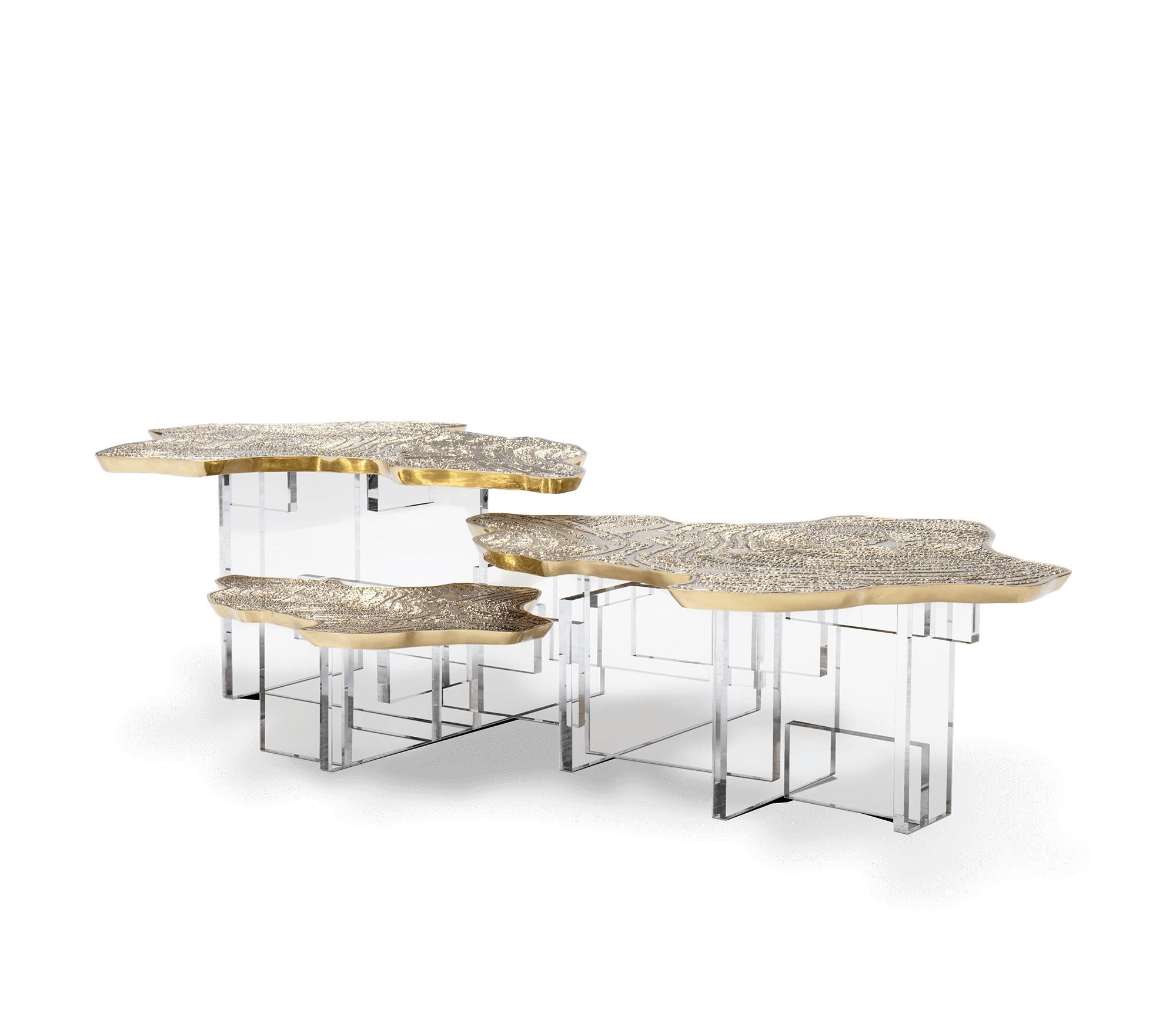 Table basse en laiton avec base en acrylique

Table basse élégante avec surface dorée en laiton moulé avec une finition texturée unique. Présentant à la fois des formes et des matériaux contrastés, la table basse contemporaine est soutenue par une