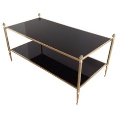 Coffee Table in Brass with Two Black Lacquered Glass Shelves by Maison Baguès