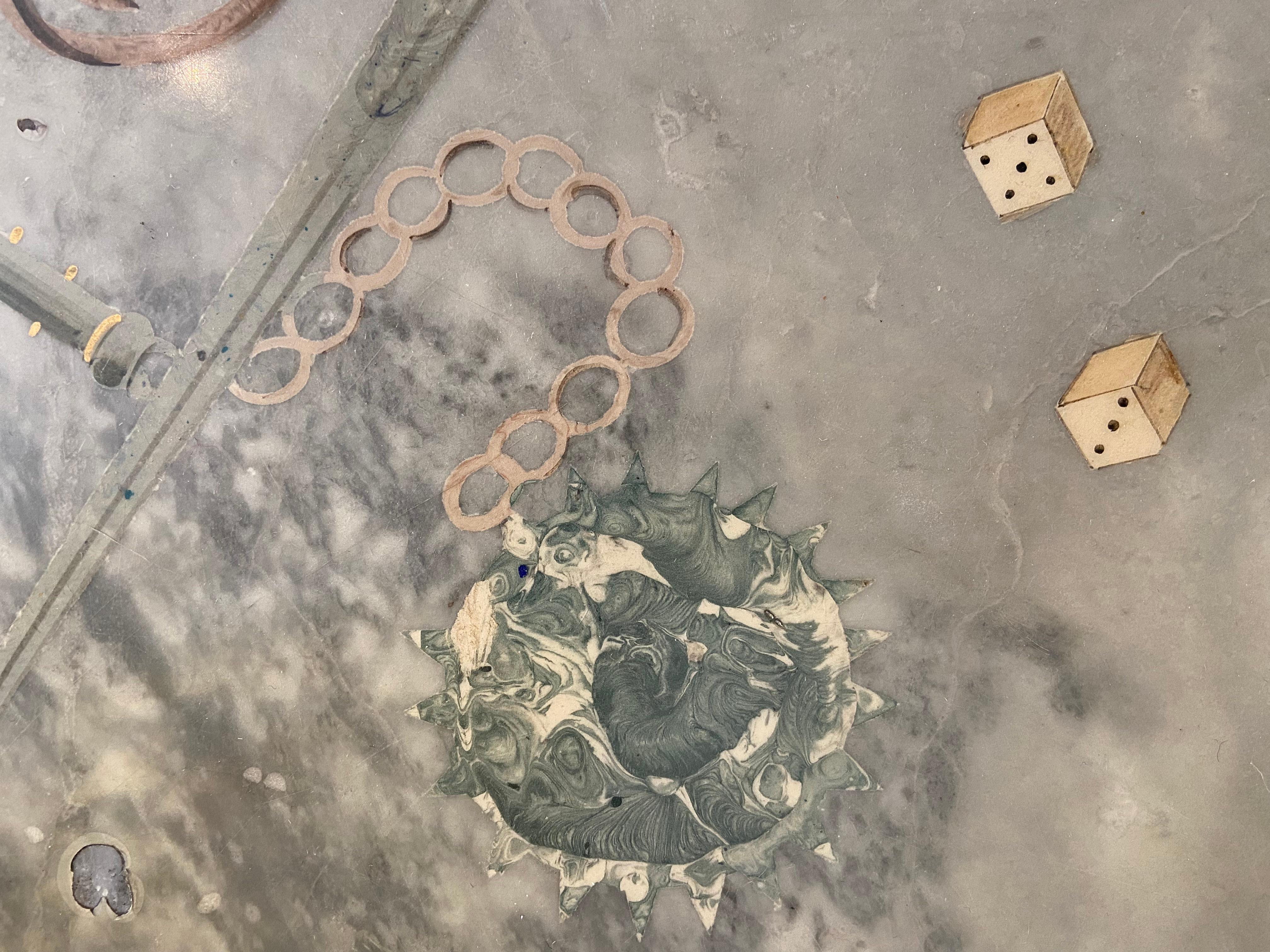 Italian Coffee table in bronze with a painted marble top For Sale