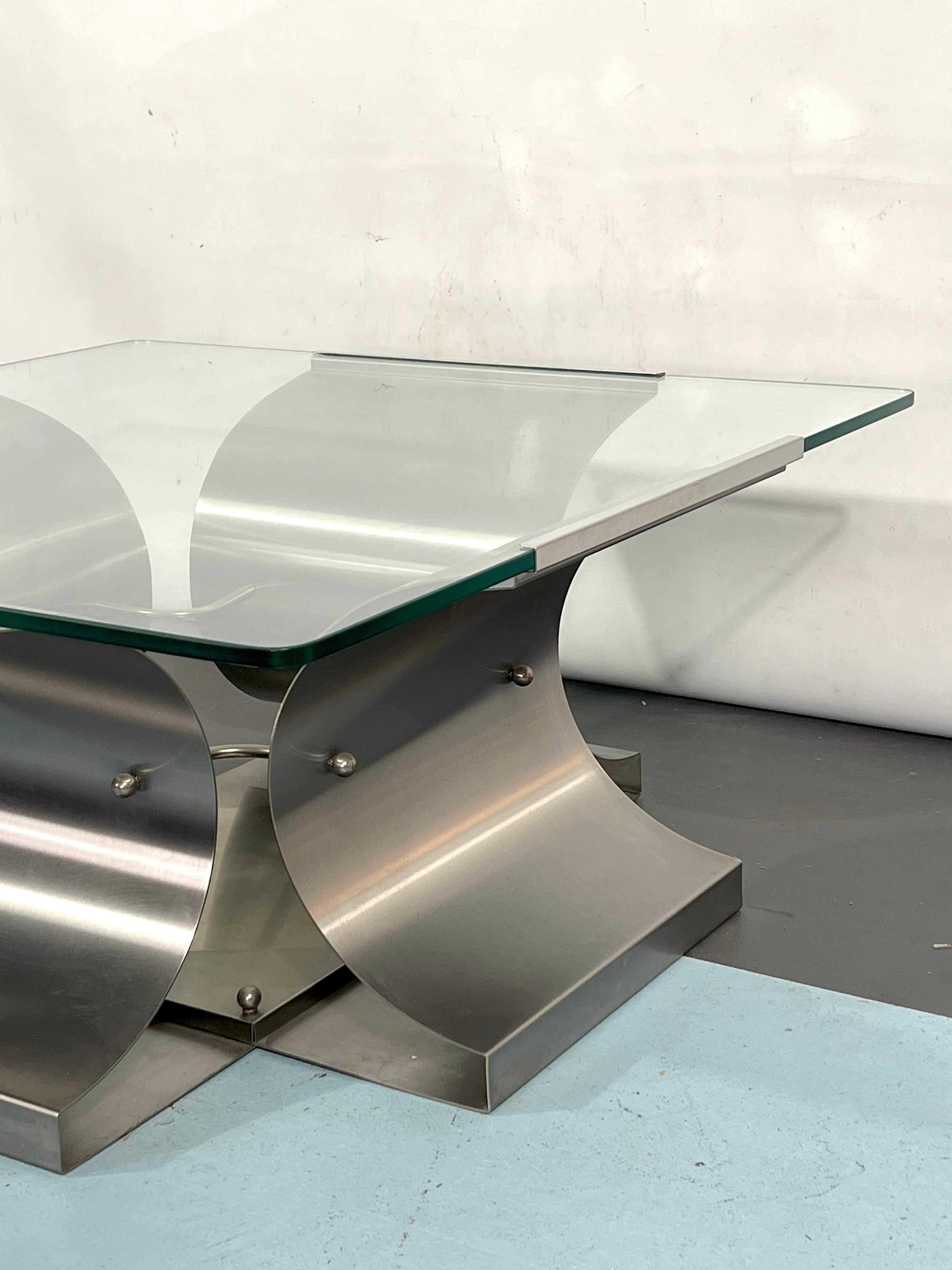 Mid-Century Modern Coffee Table in Brushed Steel by Francois Monnet for Kappa, France, 1970s For Sale