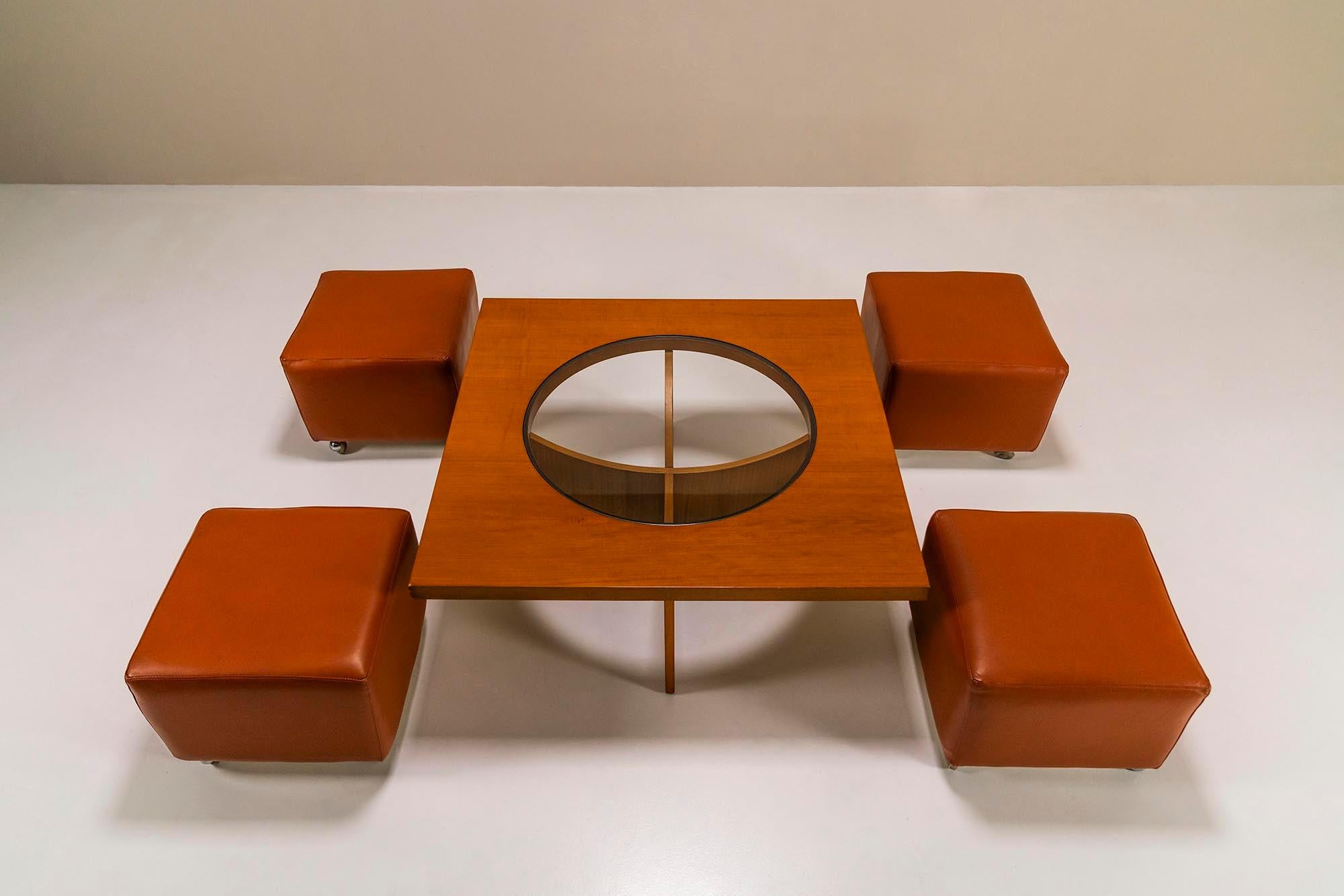 Italian Coffee Table In Cherry Wood With Four Faux Mobile Poufs, Italy 1970's For Sale