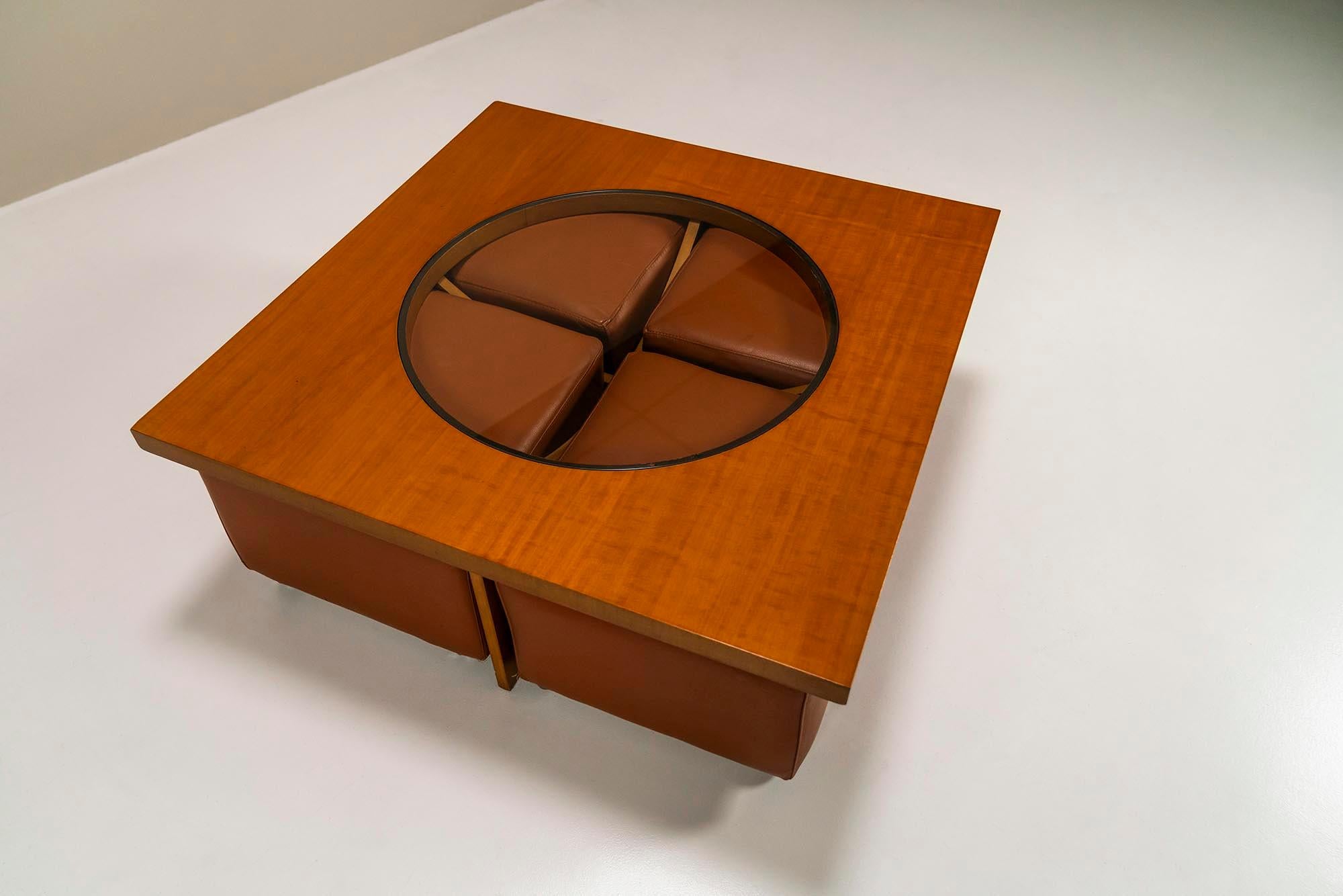 Coffee Table In Cherry Wood With Four Faux Mobile Poufs, Italy 1970's For Sale 2