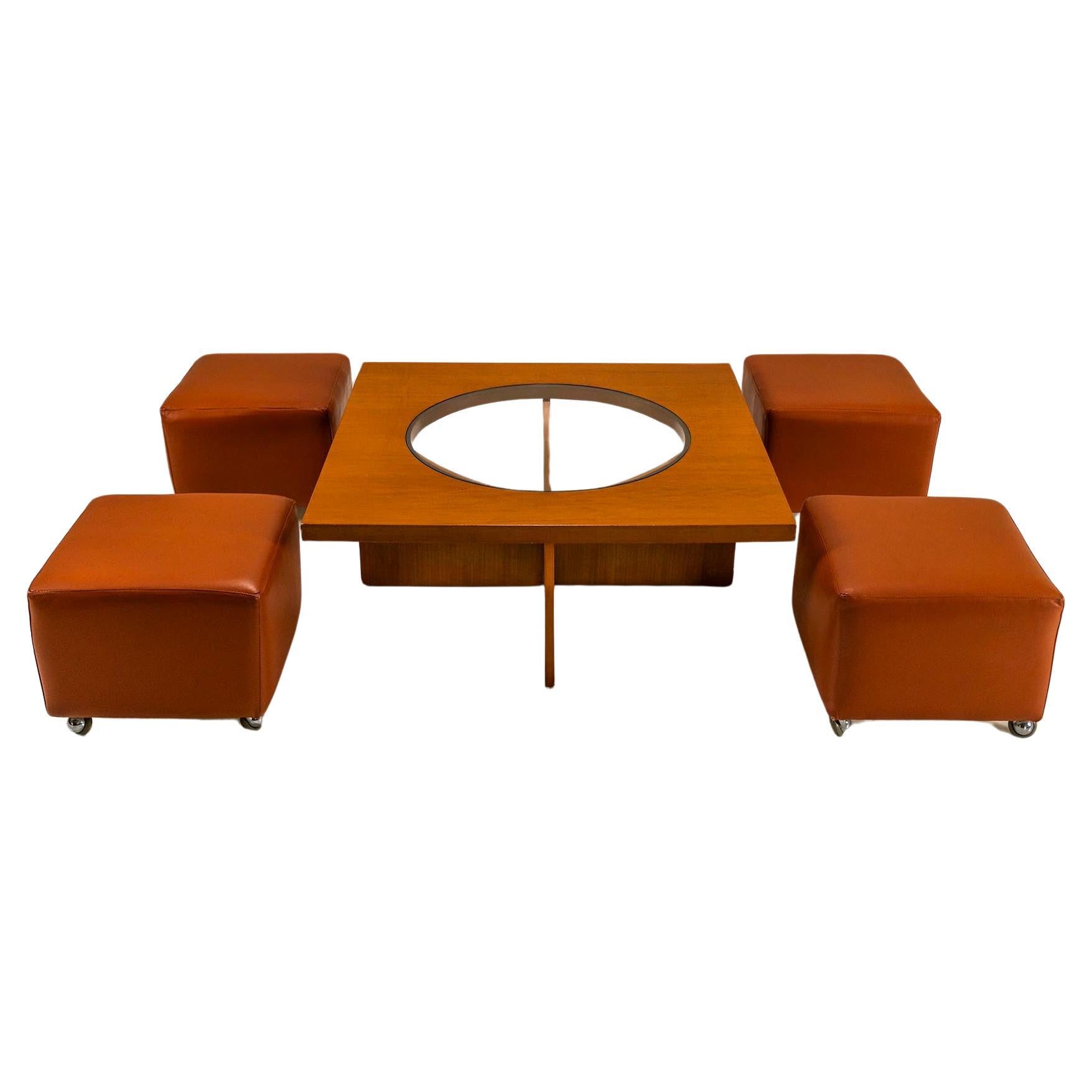 Coffee Table In Cherry Wood With Four Faux Mobile Poufs, Italy 1970's For Sale