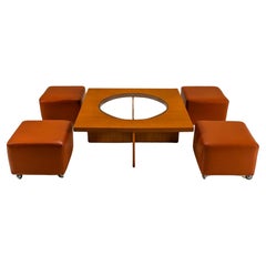 Used Coffee Table In Cherry Wood With Four Faux Mobile Poufs, Italy 1970's