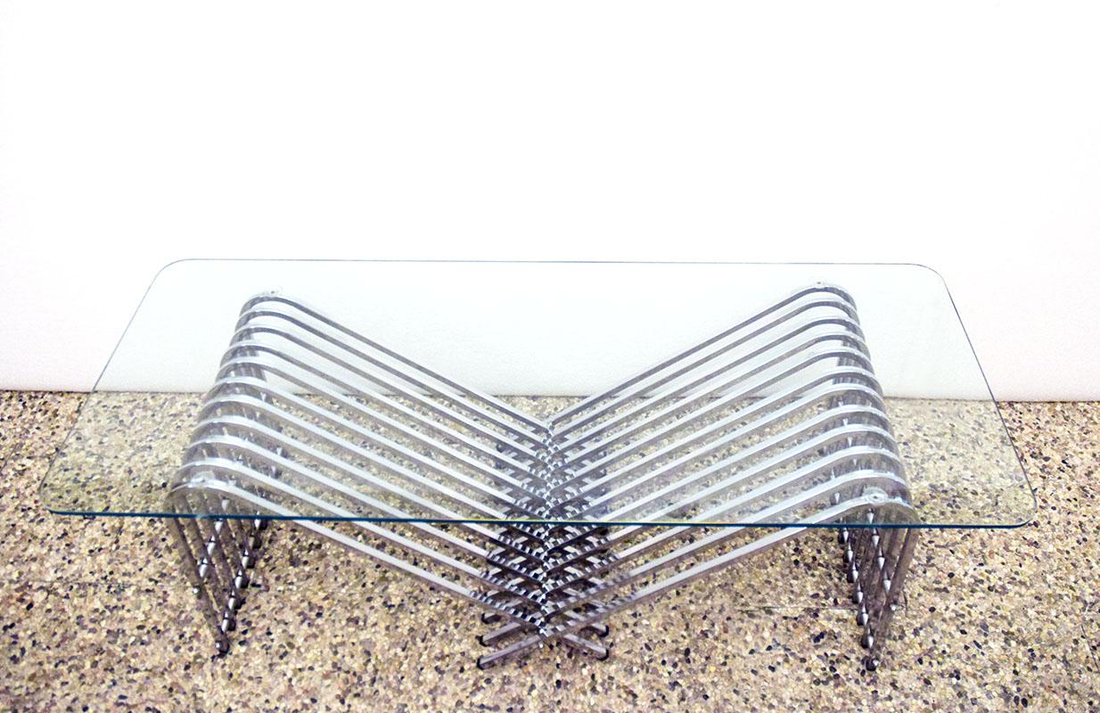 Italian Coffee table in chromed metal and crystal, 1970s For Sale