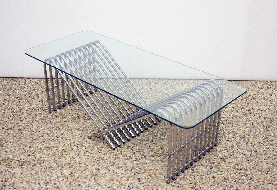 Late 20th Century Coffee table in chromed metal and crystal, 1970s For Sale