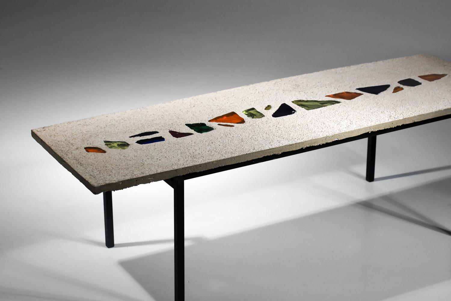 coffee table in concrete and glass inclusions, handcrafted in the 80s 4