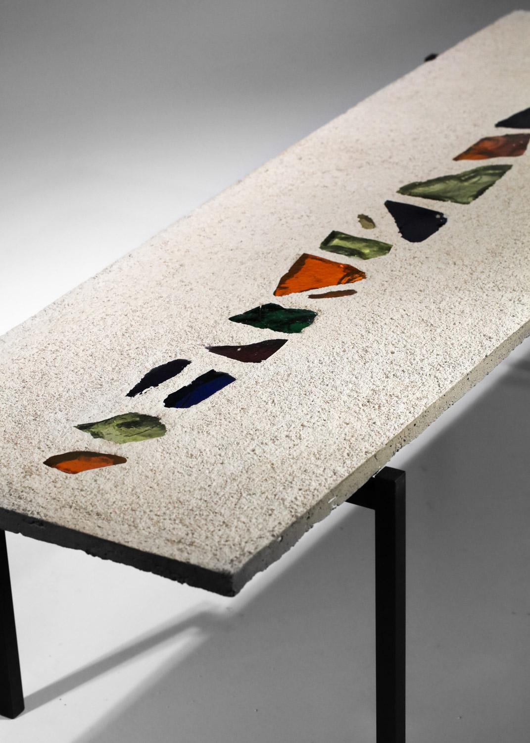 French coffee table in concrete and glass inclusions, handcrafted in the 80s