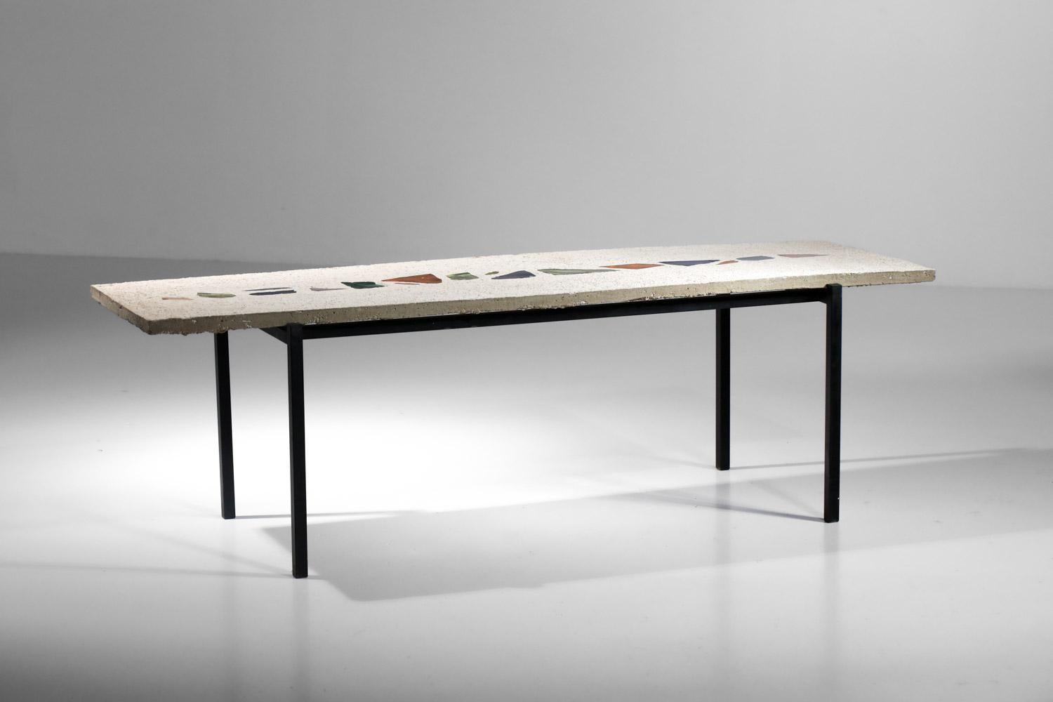 Glass coffee table in concrete and glass inclusions, handcrafted in the 80s