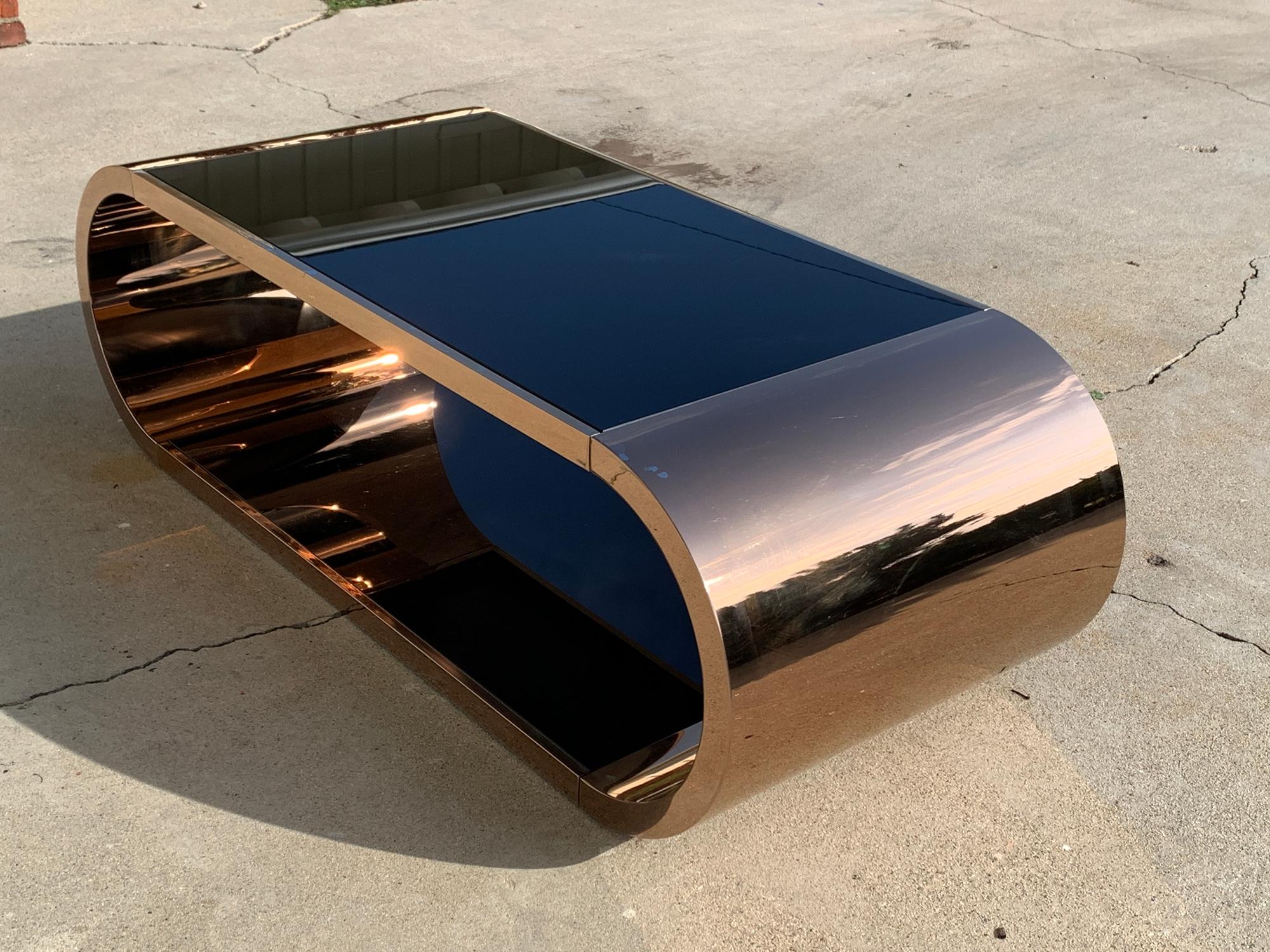 Mid-Century Modern Coffee Table in Copper with 2 Black Glass Shelves