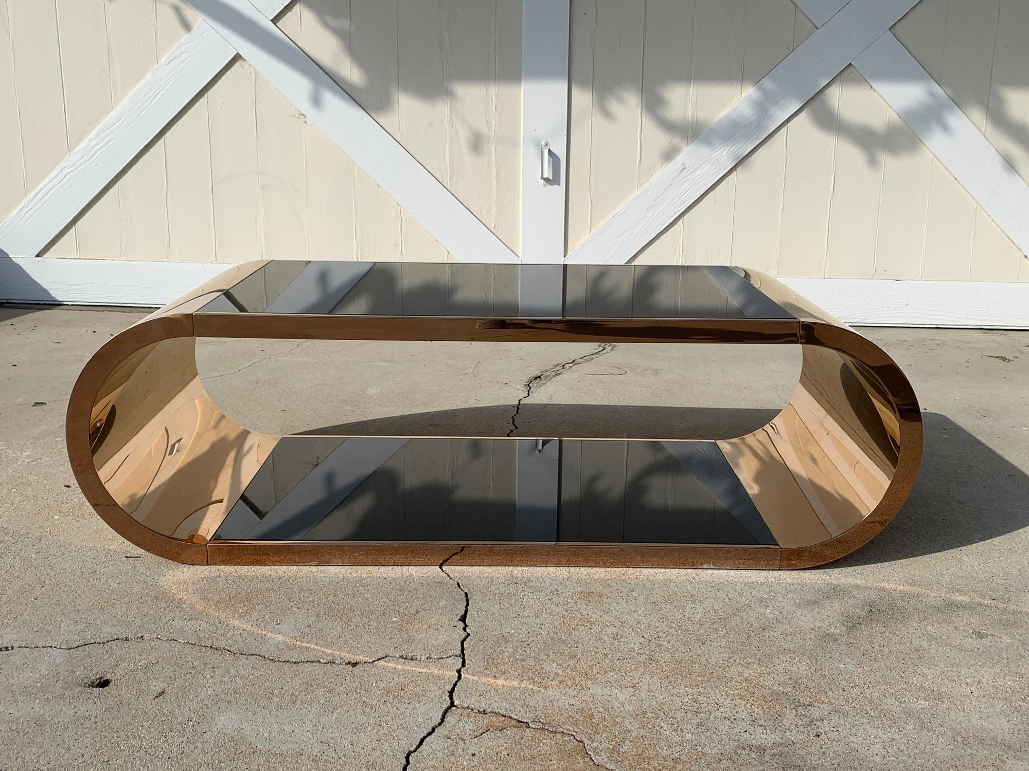 American Coffee Table in Copper with 2 Black Glass Shelves