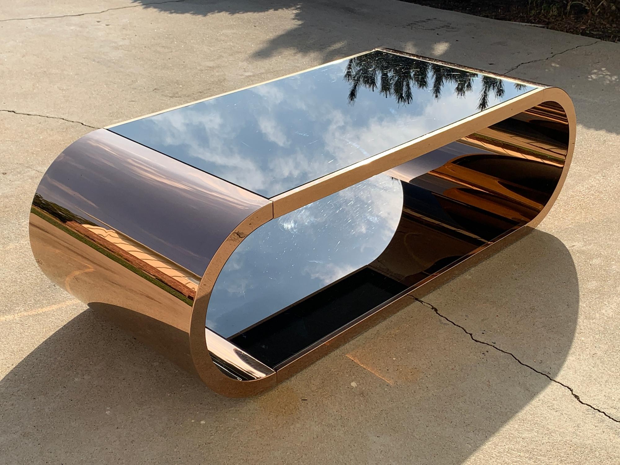 Coffee Table in Copper with 2 Black Glass Shelves In Good Condition In Los Angeles, CA