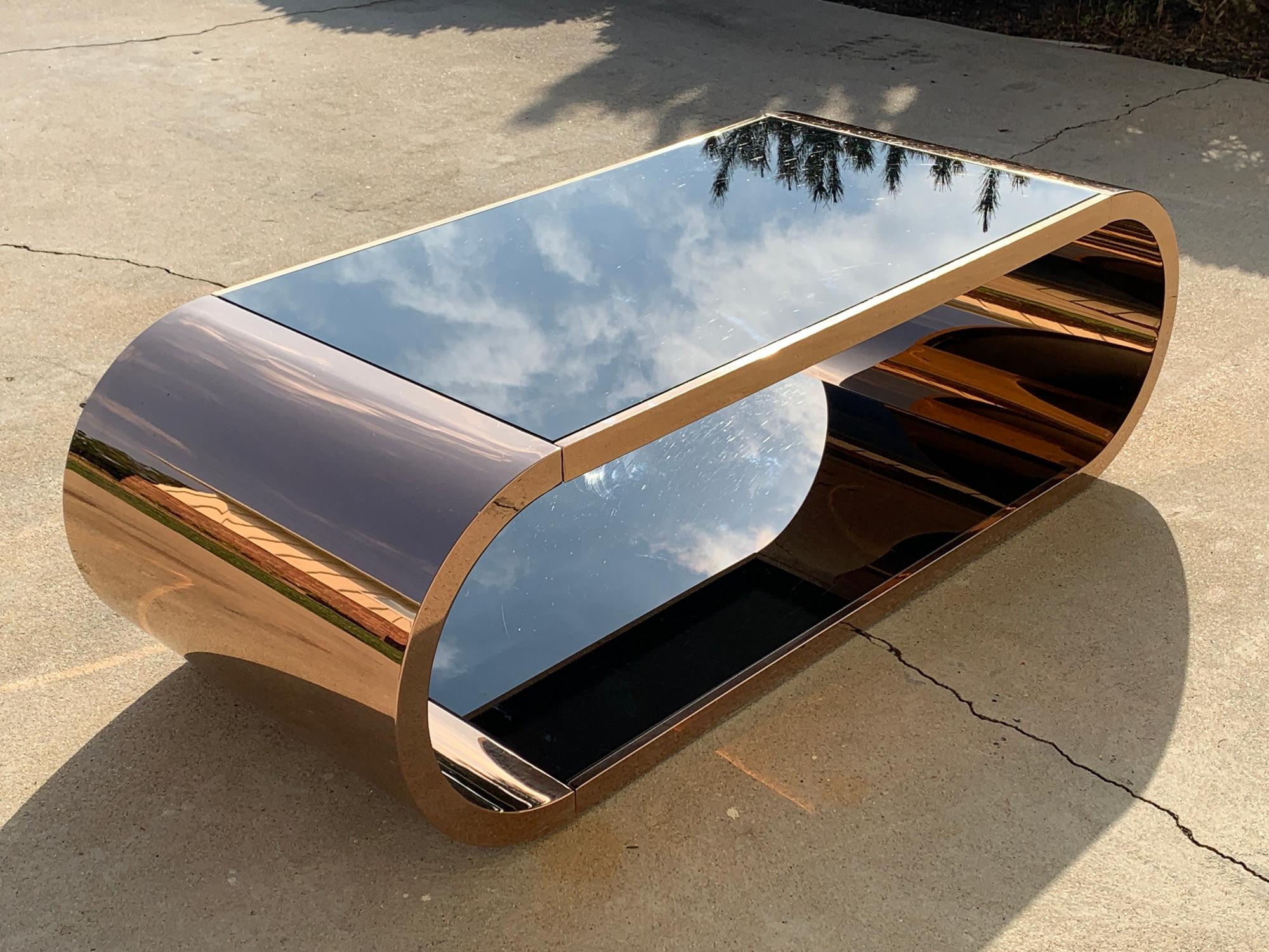 Late 20th Century Coffee Table in Copper with 2 Black Glass Shelves